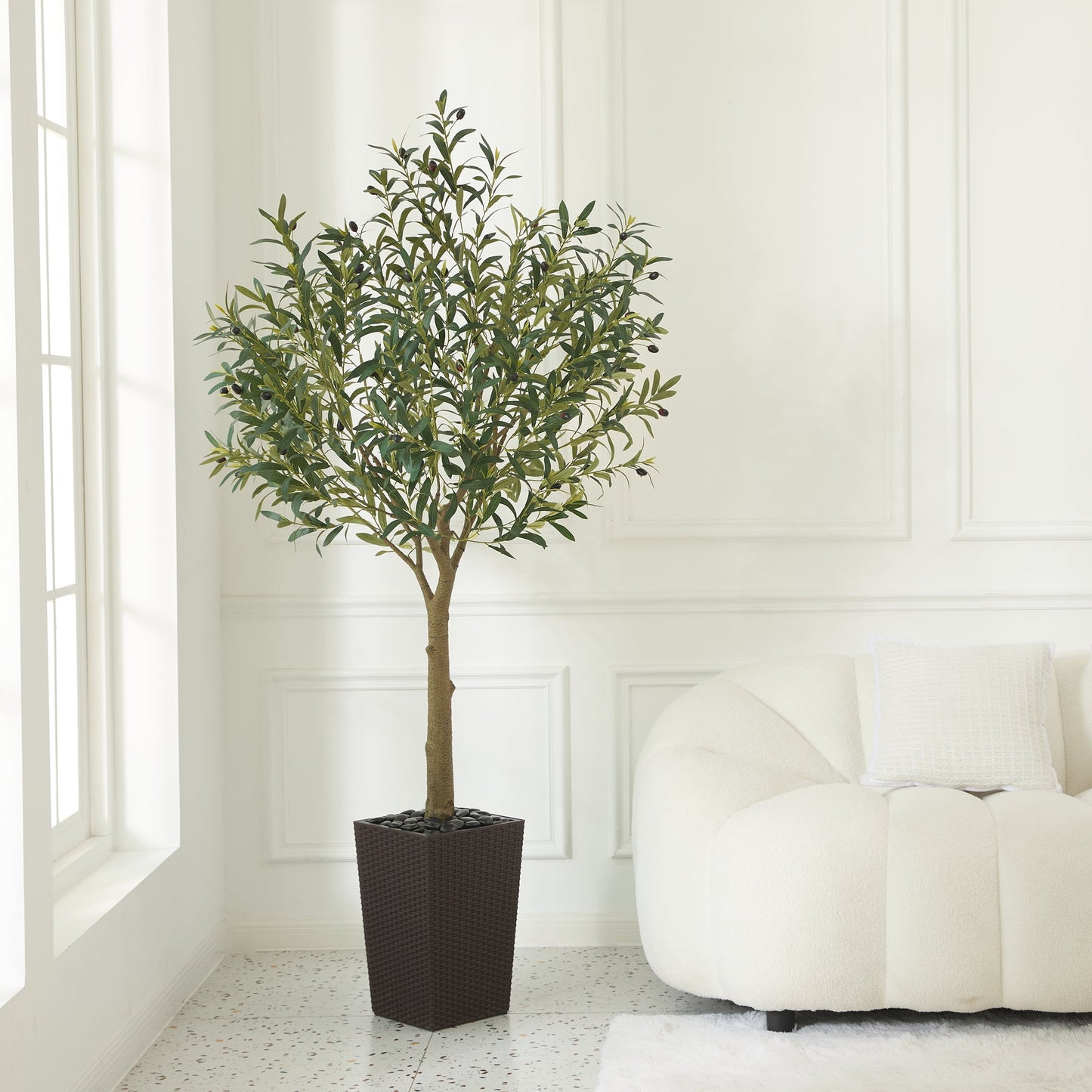 DR.Planzen UV Resistant 6ft Artificial Olive Tree in Brown Large Planter with Pebbles¨C Faux Olive Tree for Indoor and Outdoor Decor, Lifelike Greenery for Home & Garden Decor