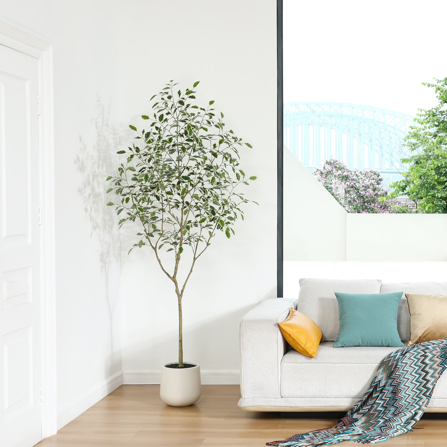 DR.Planzen7FT Faux Ficus Tree with Oval White Planter, Pre Potted Faux Greenry Plant with white side leaves