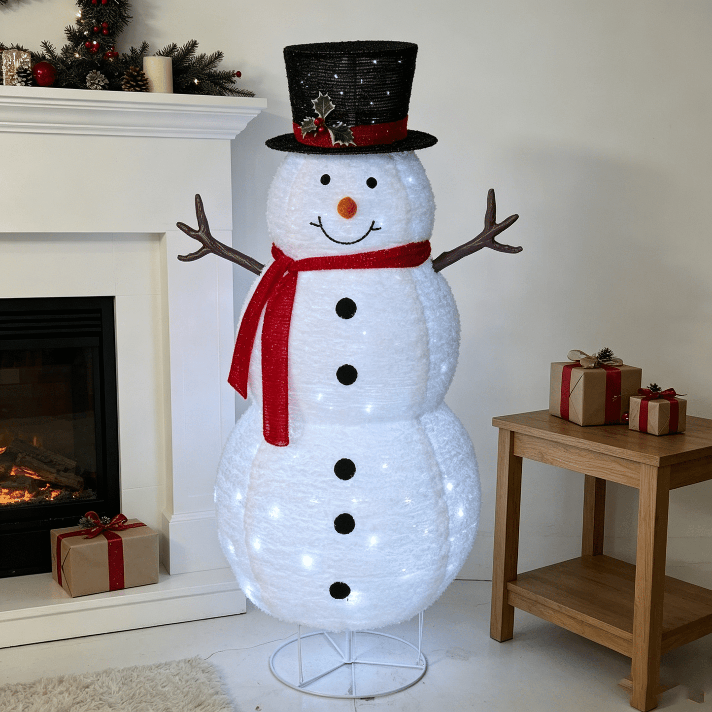 DR.Planzen 4FT Pre-Lit Christmas Snowman Decoration, Large Lighted Fabric Snowman with Top Hat & Red Scarf, Indoor & Outdoor LED Holiday Home Decor