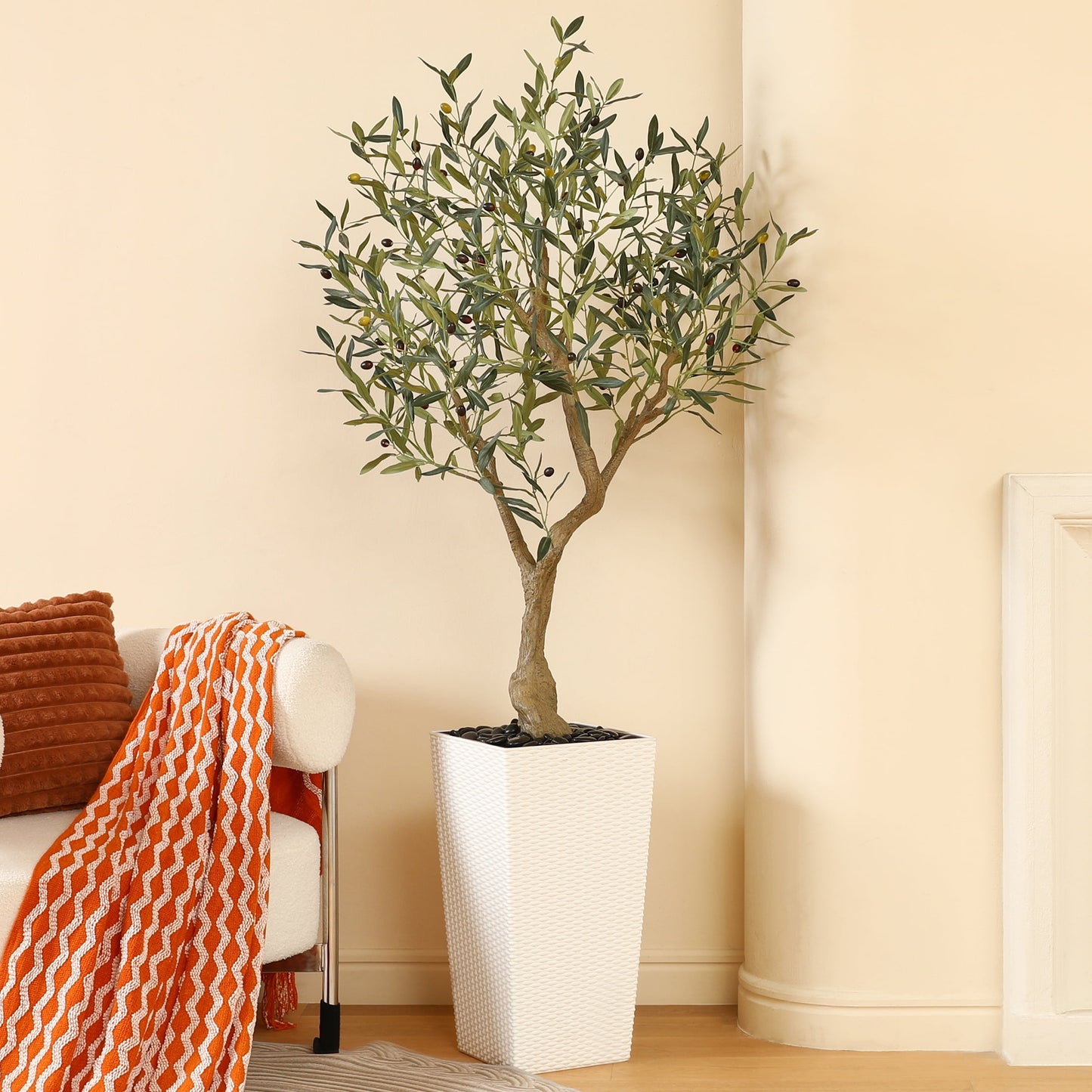 6ft UV Resistant Fake Olive Tree with White Tall Planter, Pre Potted Artificial Olive Tree for Indoor Outdoor Home Decor, Big Faux Plants Fake Plants for Office House Decor