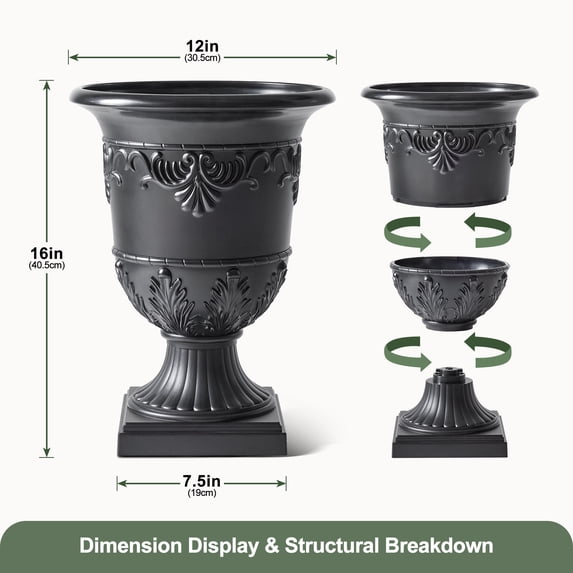 DR.Planzen 2 Pack 16 x 12 Inches Classic Urn Planter, Plastic Flower Pots for Indoor & Outdoor Use, Lightweight Planters for Garden, Patio, Porch, Wedding & Event Decor