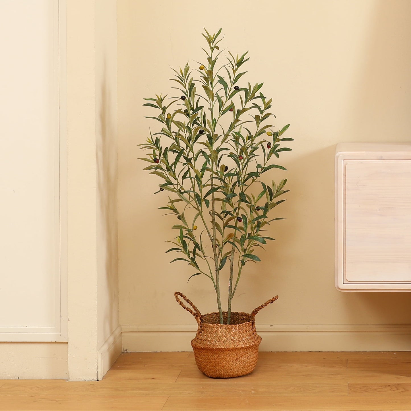 4ft Fake Plastic Olive Tree in Pot, Pre Potted Faux Greenry Plant for Home Decor Office House Living Room Indoor Outdoor, Big Fake Plants Fake House Plants