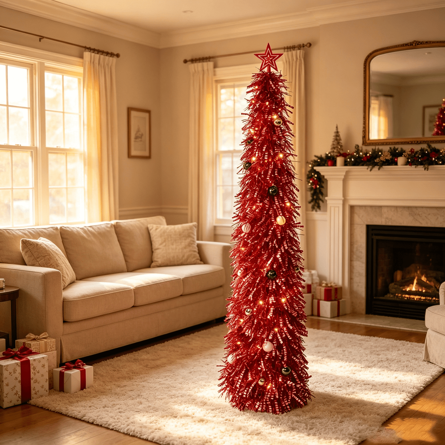 DR.Planzen 6ft Pop Up Christmas Tinsel Tree, Pre Lit Slim Christmas Tree, Red Silver LED Pencil Tree with 100 Warm White Lights, Star Topper & Ornaments Set, Collapsible Holiday Decor