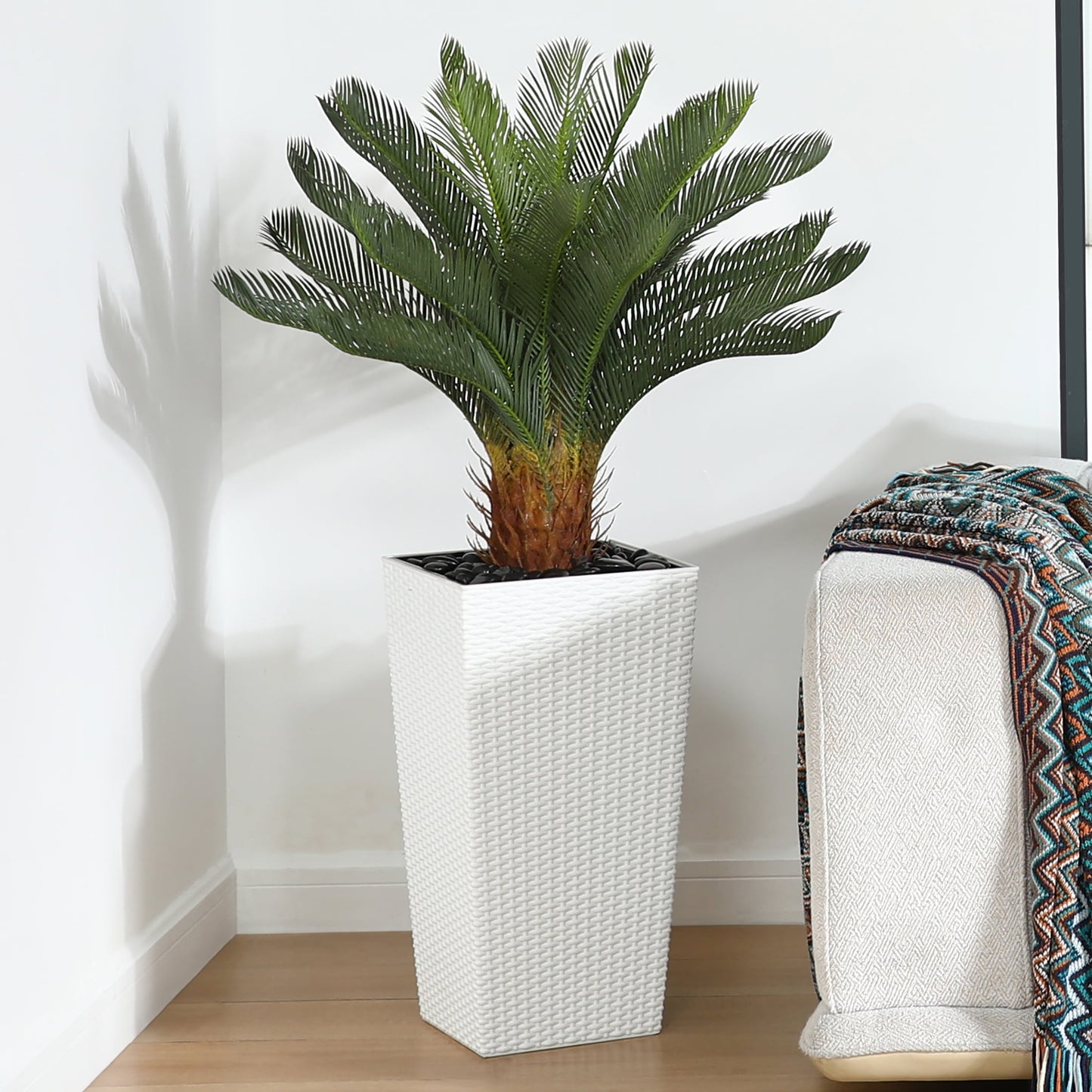 4ft UV Resistant Artificial Cycas Plant with White Tall Planter, Pre Potted Revoluta Sago Palm Plant (Indoor/Outdoor), Big Faux Plants Fake Plants for Office House Decor