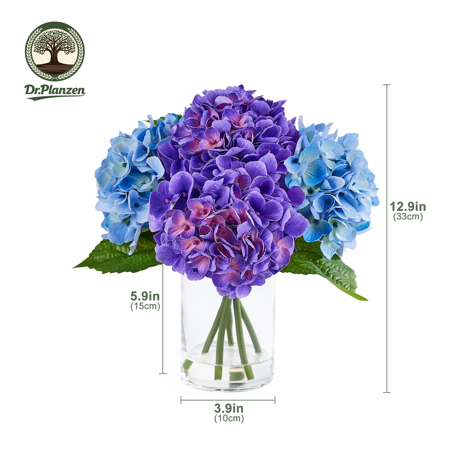 DR.Planzen 13in Artificial Hydrangea Flowers with Vase - Purple and Blue Faux Hydrangea Flowers, Clear Glass Vase with Faux Water, Table Centerpiece for Home Decor, Office, Wedding Party