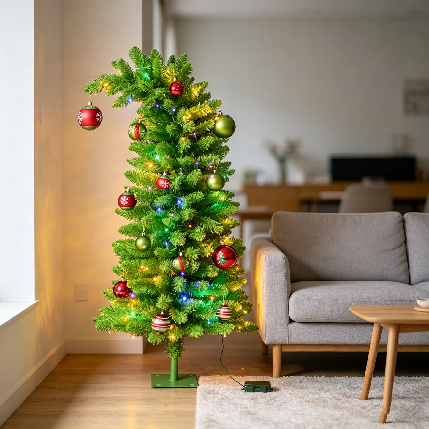 DR.Planzen 5ft Pencil Artificial Christmas Tree with Red & Green Ornaments, Pre-Decorated Slim Xmas Tree, Indoor Floor Holiday Decor, 1 Pack