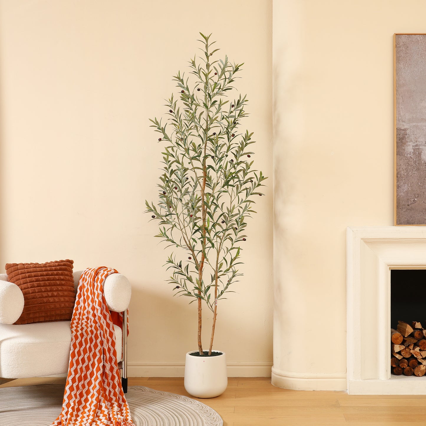 DR.Planzen Artificial Olive Tree with White Planter, 7FT Tall Faux Olive Trees with Natural Wood Trunk