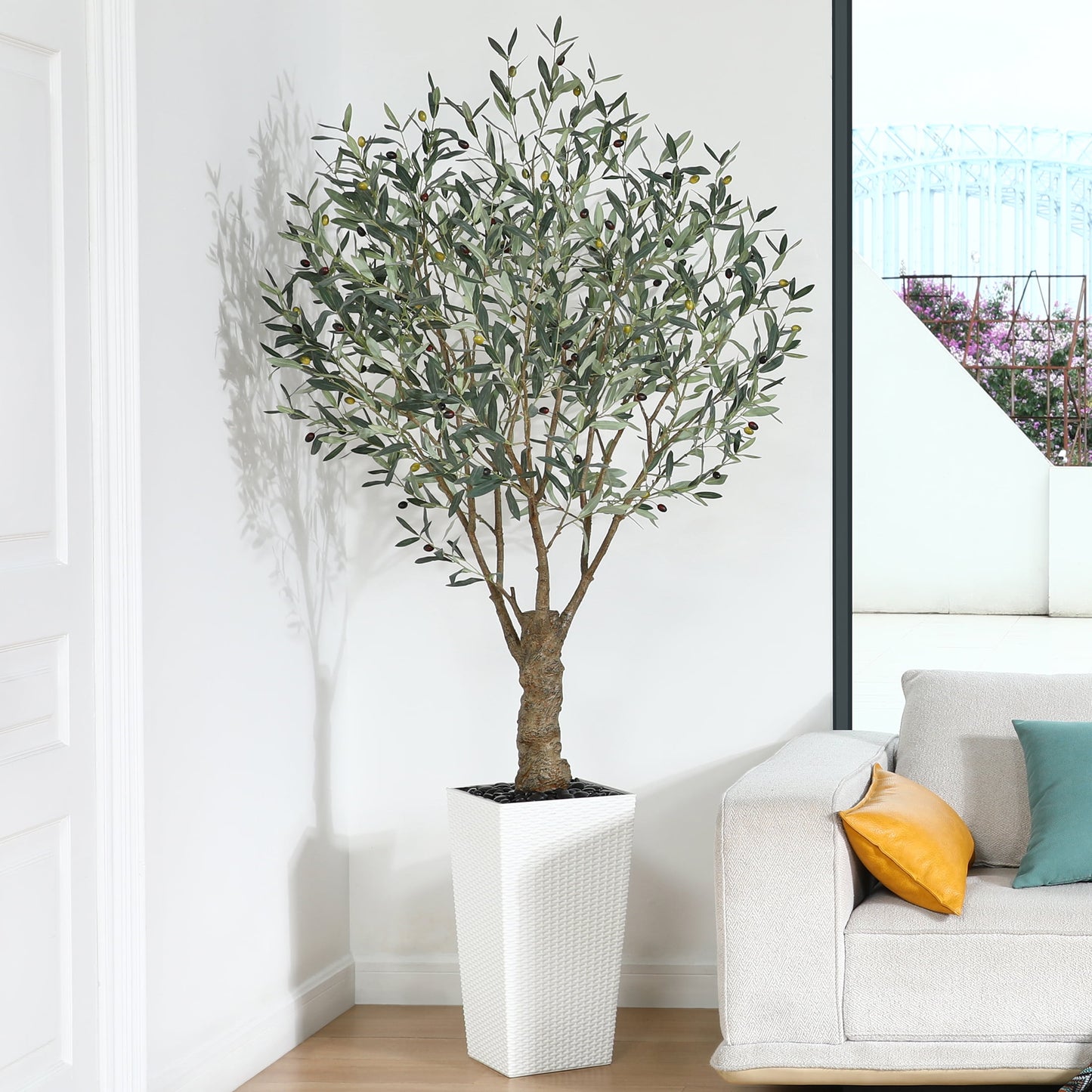 7ft UV Resistant Artificial Olive Tree with White Tall Planter, Pre Potted Fake Olive Tree for Indoor Outdoor Home Decor, Big Faux Plants Fake Plants for Office House Decor