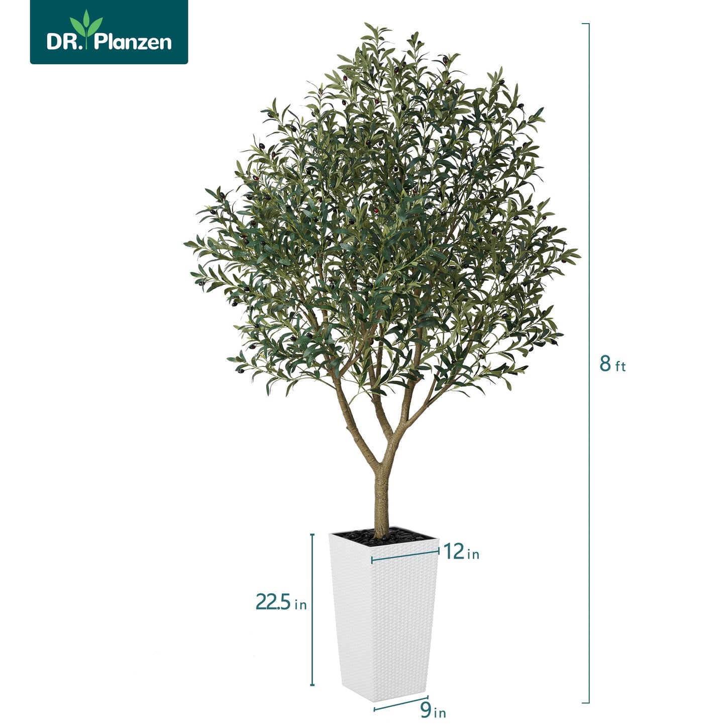 DR.Planzen UV Resistant 8ft Artificial Olive Tree in White Large Planter with Pebbles¨C Faux Olive Tree for Indoor and Outdoor Decor, Lifelike Greenery for Home & Garden Decor