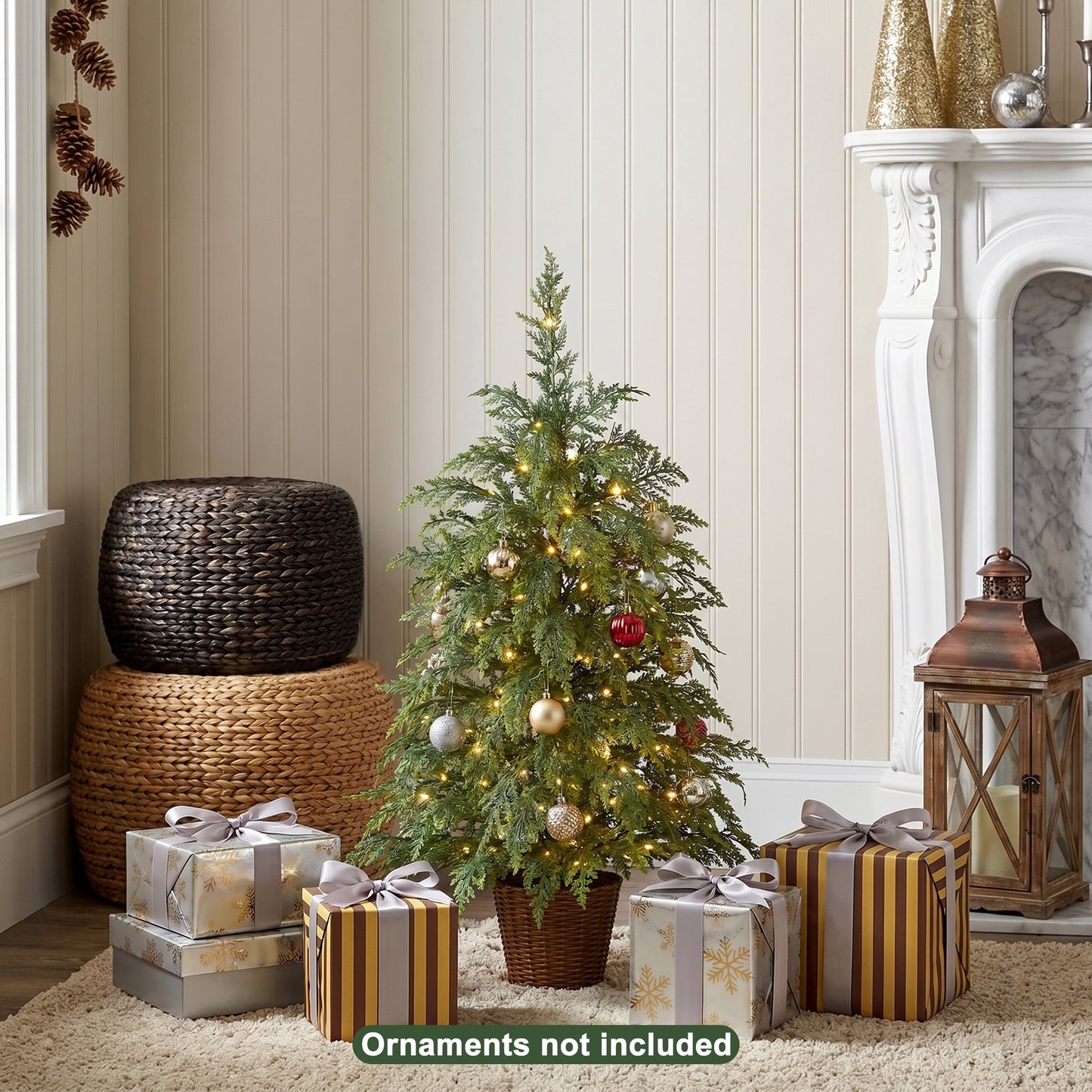 DR.Planzen 36" Pre-Lit Green Cypress Artificial Christmas Tree with 70 Warm White Twinkle LED Lights, Mini Tabletop Xmas Tree in Woven Basket Base, Indoor Desktop Holiday Decor