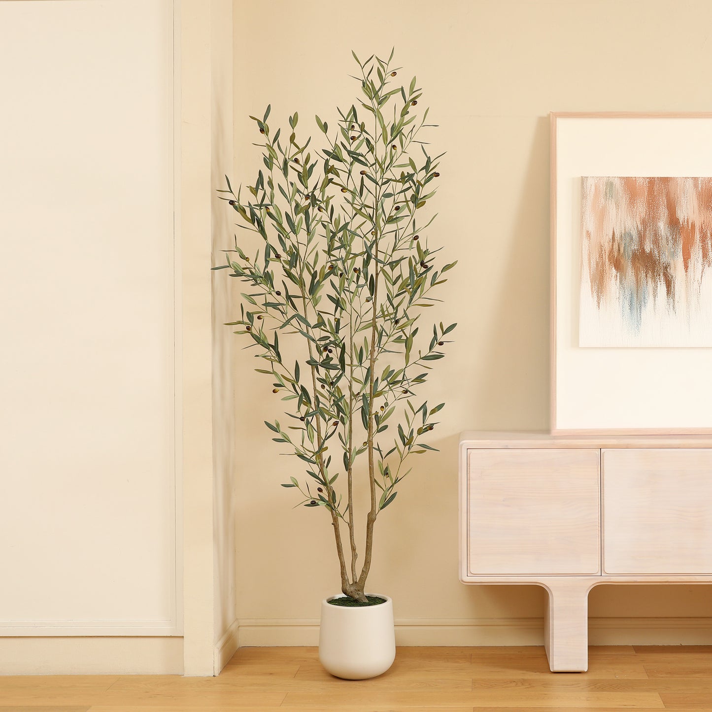DR.Planzen 7FT Faux Olive Tree with Round White Planter, Pre Potted Fake Greenry Olive Tree for Home Decor