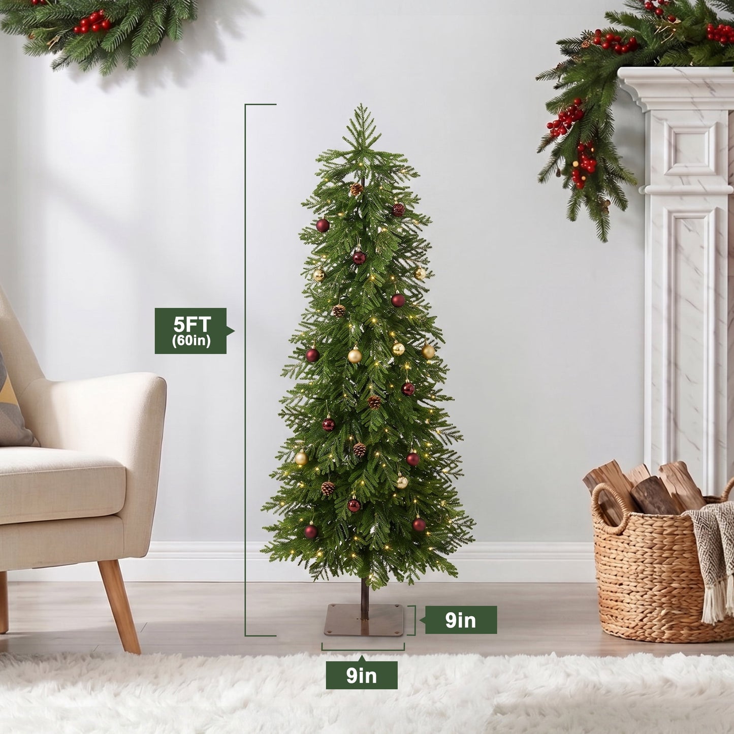 DR.Planzen 5ft Pre-Lit Artificial Norfolk Pine Tree with Metal Stand, 120 Warm White LED Lights, 2-Piece Assembly Faux Tree in Coffee Pot for Indoor Home & Office Decor