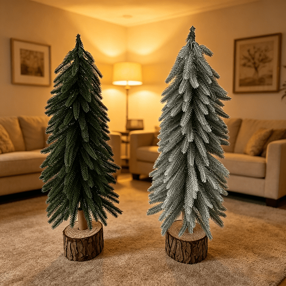 DR.Planzen Mini Pine Tree 2 Pack 19 Inch with Wood Base, Green & Snowy White Tabletop Christmas Tree, Small PE Artificial Christmas Trees for Christmas Decorations Mantel Shelf Office