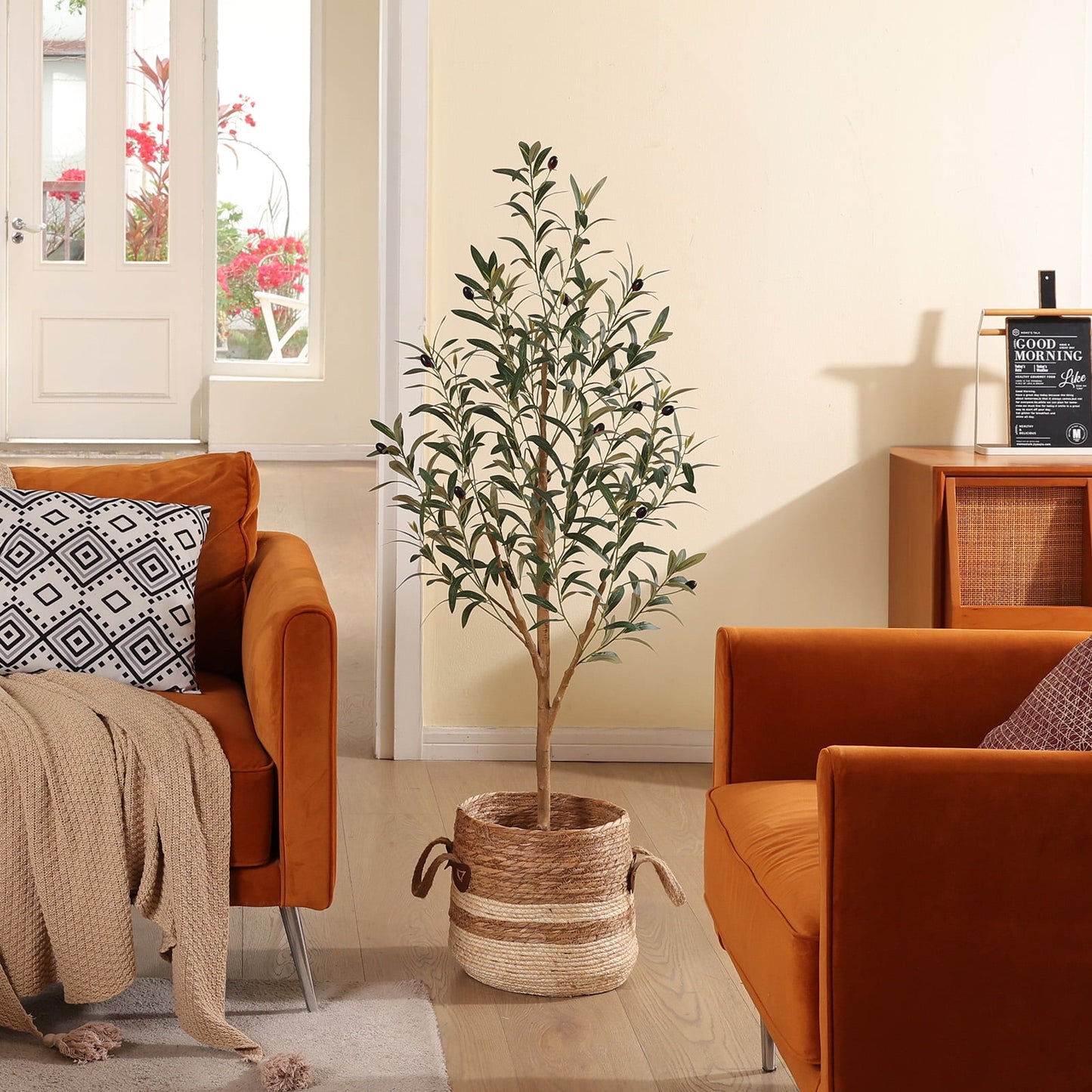 DR.Planzen Exquisite Artificial Olive Tree 4 ft Indoor Outdoor, Tall Faux Olive Tree in Black Plastic Pot, Artificial Plants with Natural Wood Trunk and Lifelike Fruits for Home Office Garden Decor