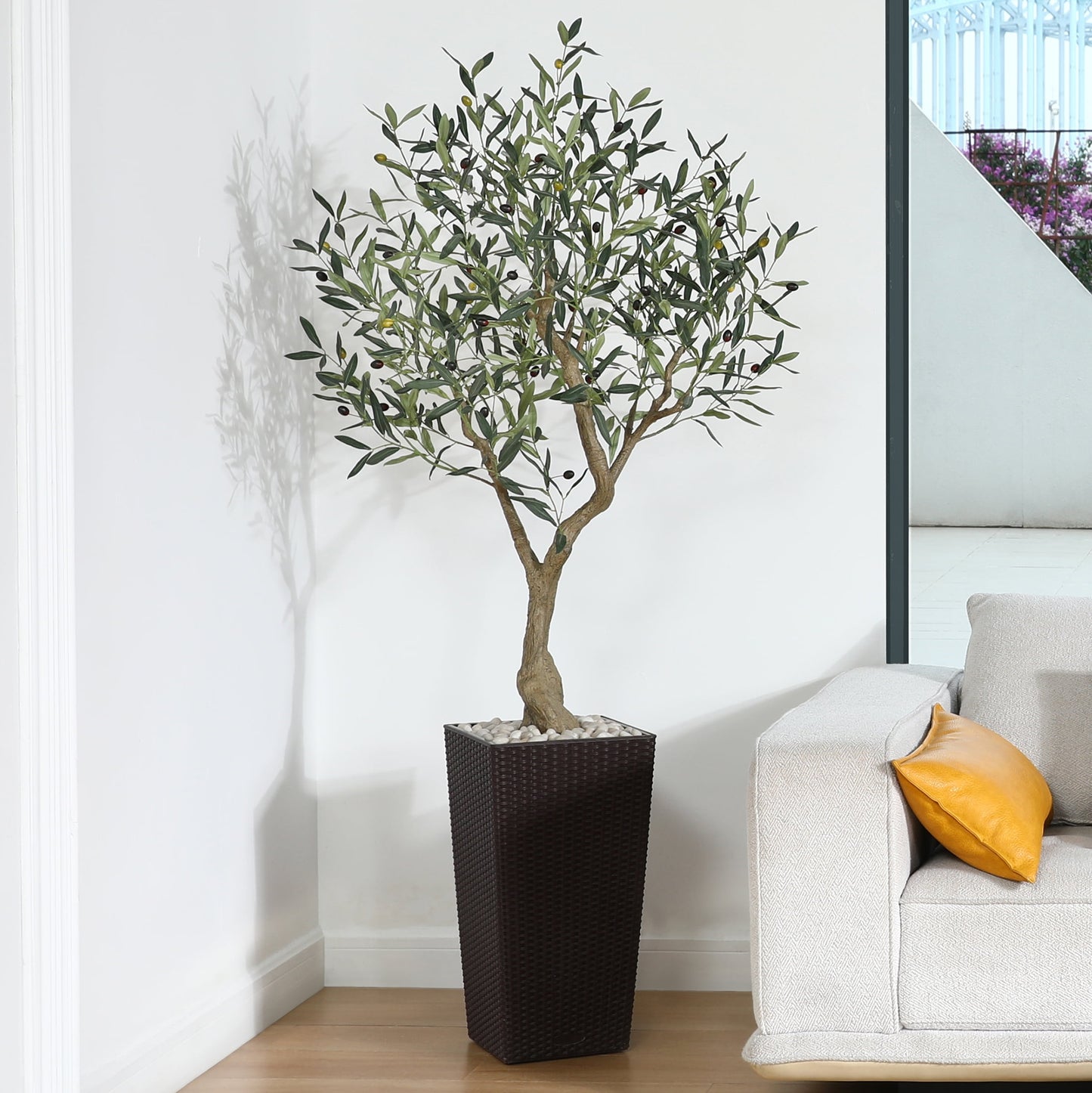 6ft UV Resistant Fake Olive Tree with Brown Tall Planter, Pre Potted Artificial Olive Tree for Indoor Outdoor Home Decor, Big Faux Plants Fake Plants for Office House Decor