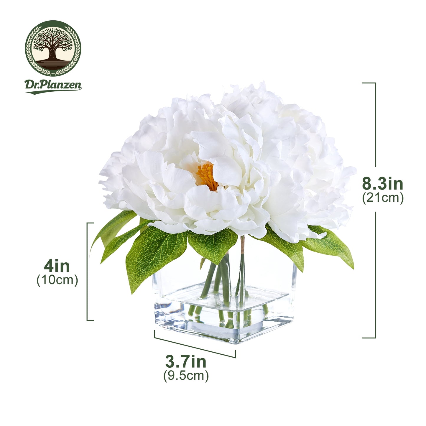 DR.Planzen 8.4in Artificial Peony Flowers, Fake Flowers with Vase, Faux Peony Flowers, White Artificial Flowers - Glass Vase Faux Water Arrangement - Table Centerpiece for Home Decor