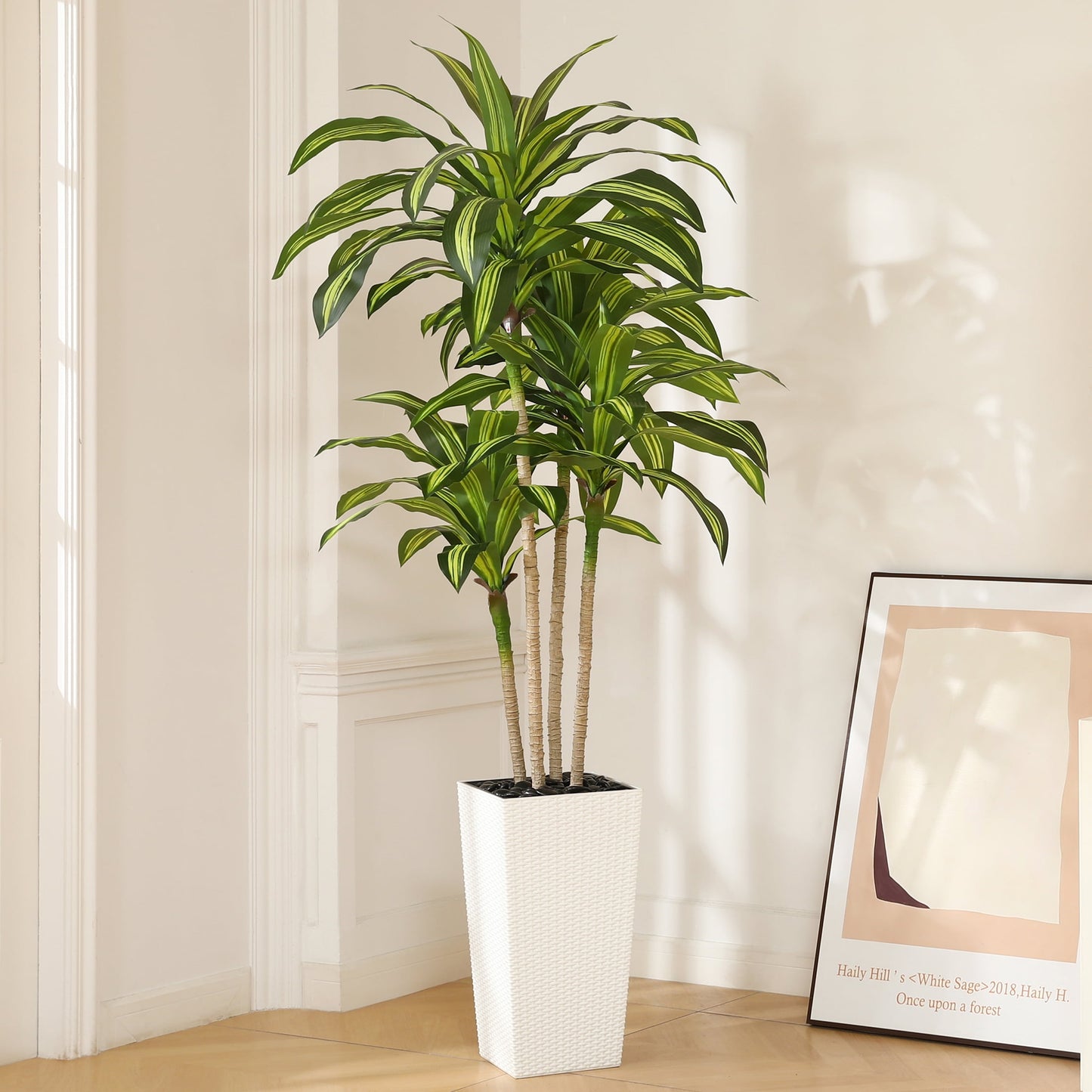 7ft UV Resistant Artificial Dracaena Tree with White Tall Planter, Pre Potted Fake Plants for Indoor Outdoor Home Decor, Big Faux Tree Fake Plants for Office House Decor