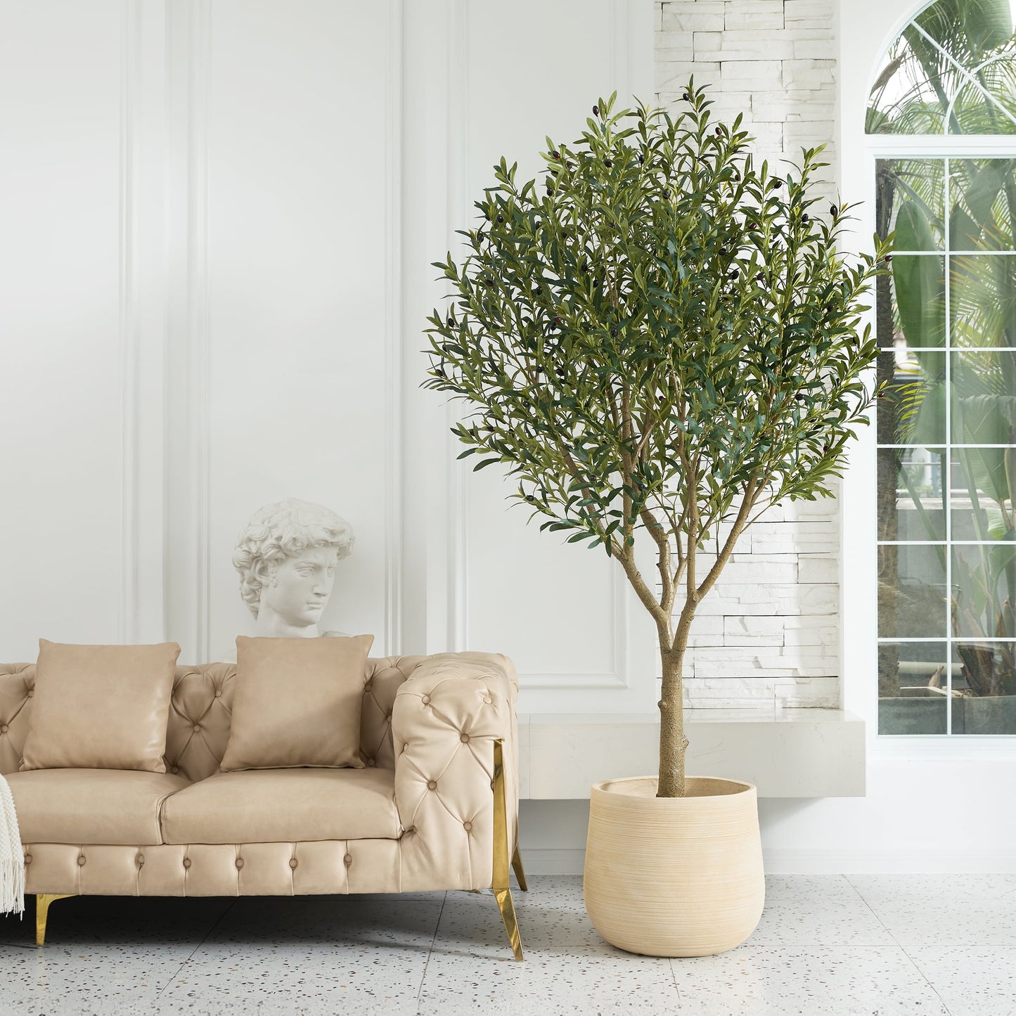 DR.Planzen 7ft Dense Artificial Olive Tree - Faux Olive Plant for Indoor & Outdoor Decor - Adjustable Branches - UV Resistant Realistic Olive Tree with Black Plastic Pot