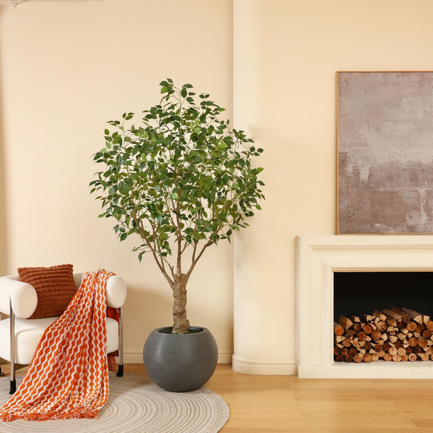 7ft Tall Artificial Mature Trunk Ficus Tree with Large Gray Round Basin- Realistic Decorative Plant for Indoor Home and Office£¬ Outdoor Garden