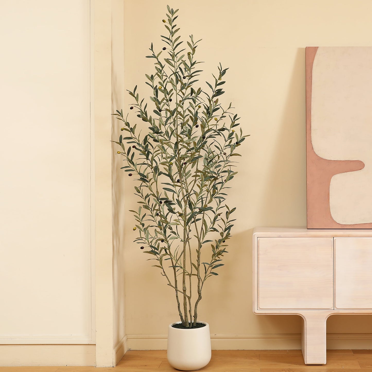 7ft Fake Plastic Olive Tree with Oval White Planter, Pre Potted Faux Greenry Plant for Home Decor Office House Living Room Indoor Outdoor, Big Fake Plants Fake House Plants