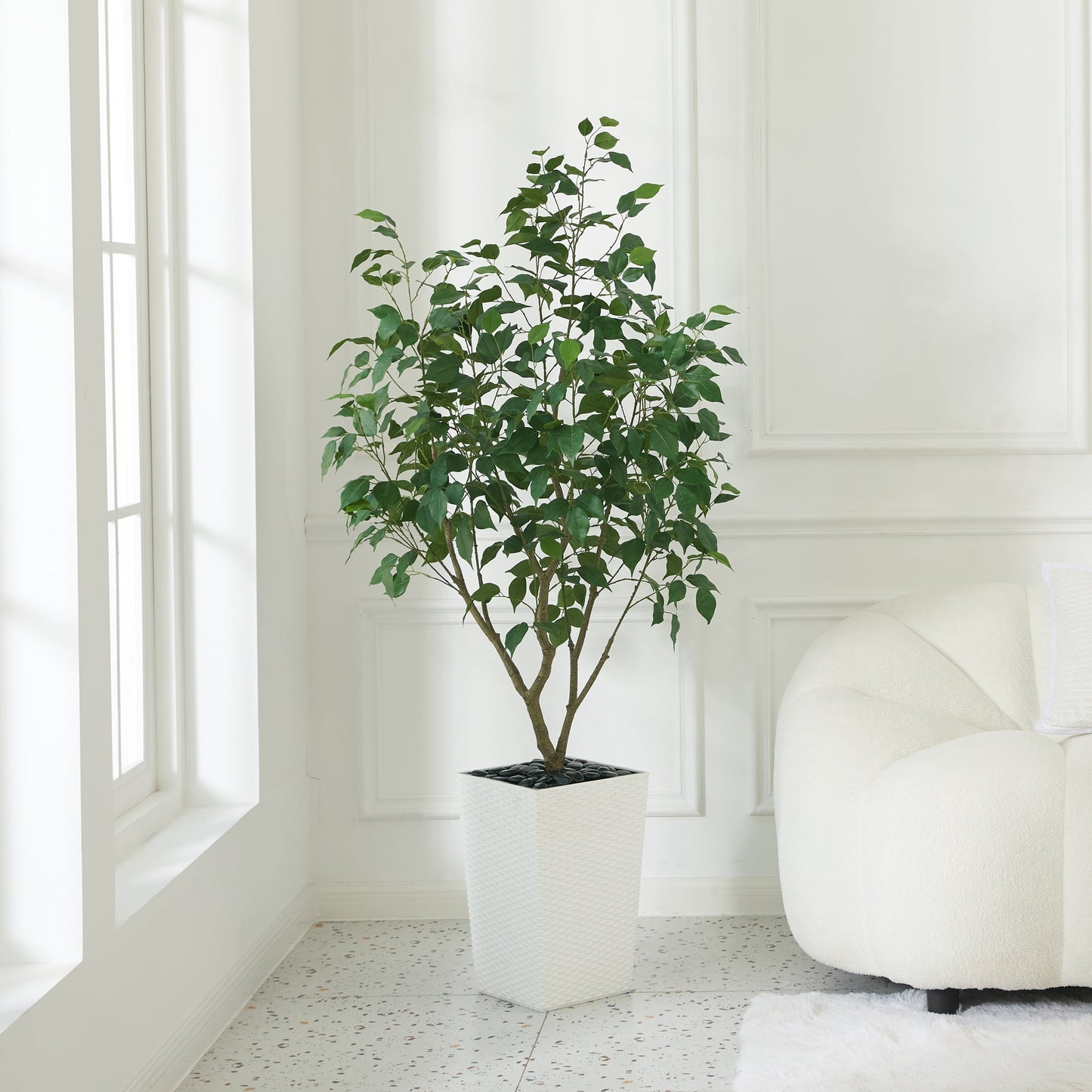 DR.Planzen Artificial Ficus Tree 5ft - UV Protected Faux Ficus Plant with Adjustable Branches and Realistic Green Leaves for Indoor & Outdoor Decor, White Large Planter with River Rocks