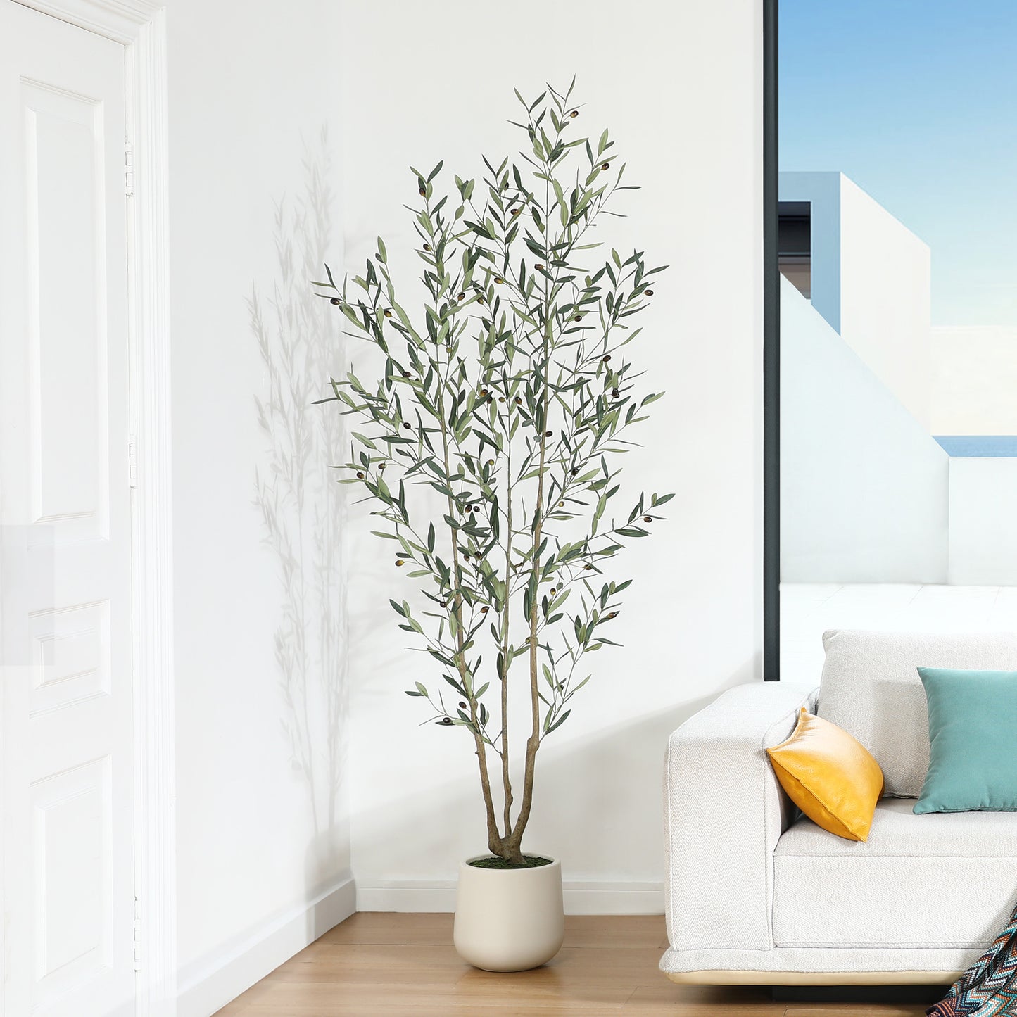 DR.Planzen 7FT Faux Olive Tree with Round White Planter, Pre Potted Fake Greenry Olive Tree for Home Decor