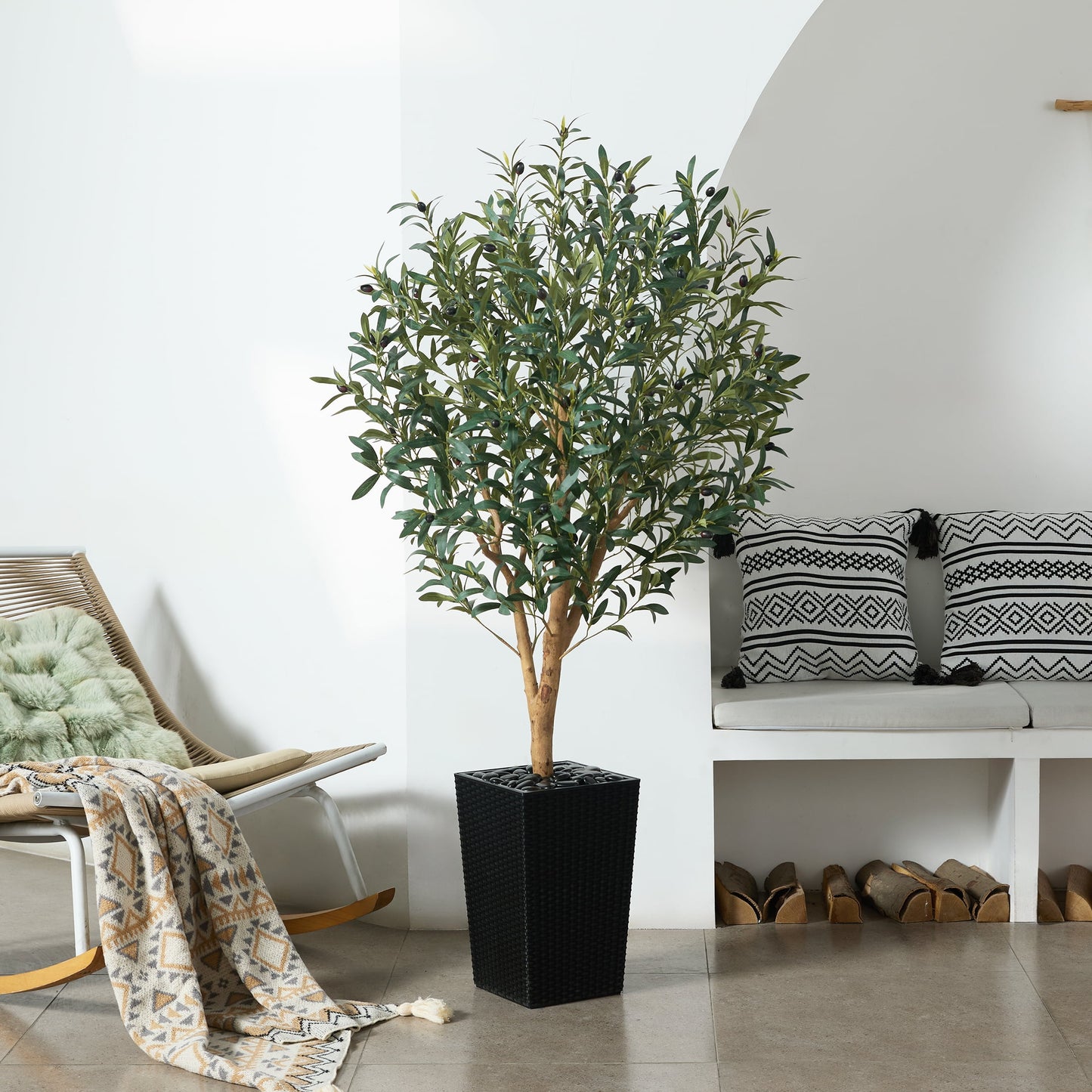 DR.Planzen UV Resistant 5ft Artificial Olive Tree with Natural Wood Branches and Realistic Silk Leaves,Faux Olive Tree for Indoor and Outdoor Decor - Black Large Planter with Pebbles