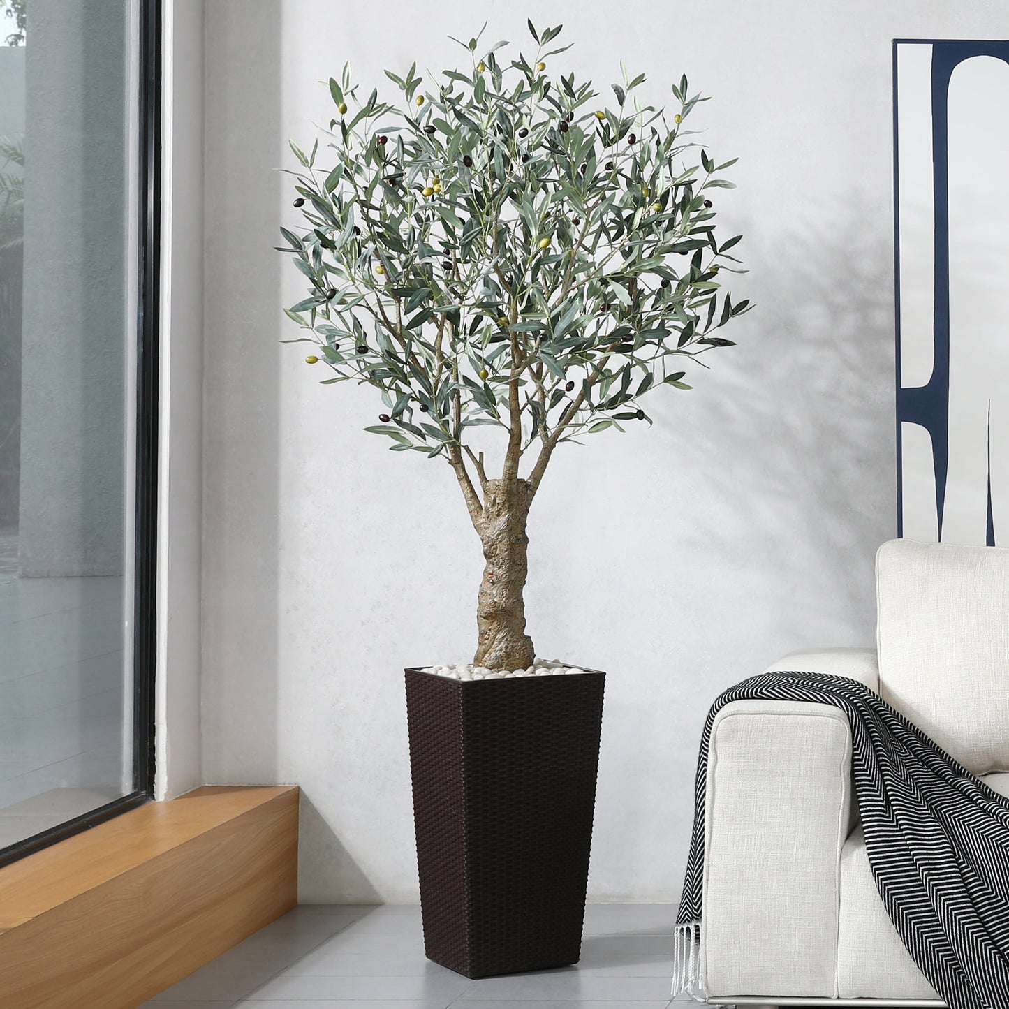 6ft UV Resistant Artificial Olive Tree with Brown Tall Planter, Pre Potted Fake Olive Tree for Indoor Outdoor Home Decor, Big Faux Plants Fake Plants for Office House Decor