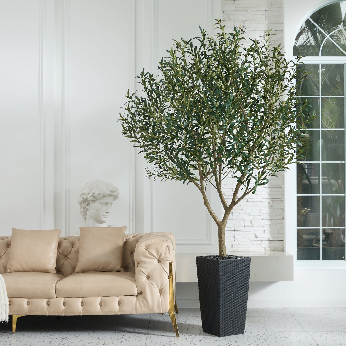 DR.Planzen UV Resistant 8ft Artificial Olive Tree in Black Large Planter with Pebbles¨C Faux Olive Tree for Indoor and Outdoor Decor, Lifelike Greenery for Home & Garden Decor
