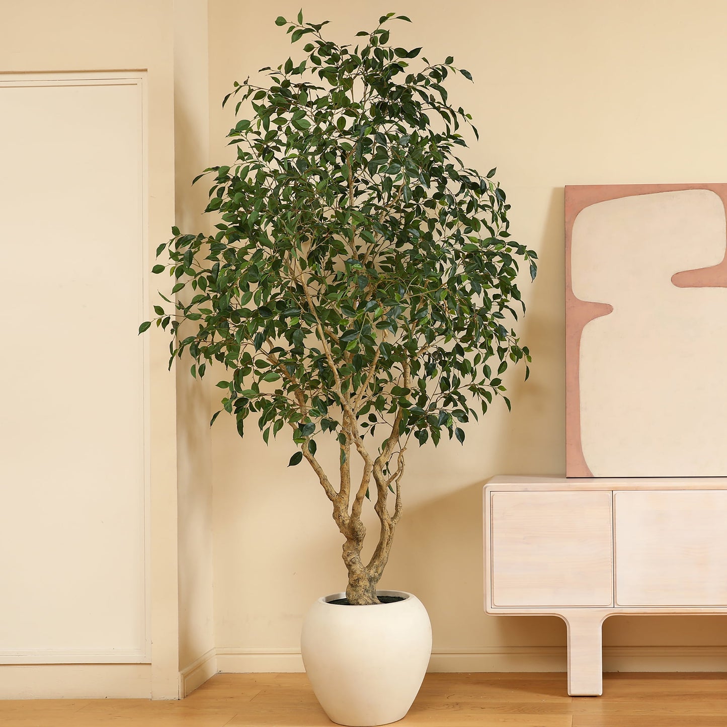 8ft Artificial Ficus Tree with 18 inch White Planter, Tall Fake Ficus Trees for Indoor, Faux Ficus Silk Tree, Large Ficus Plants for Home Decor and Housewarming Gift