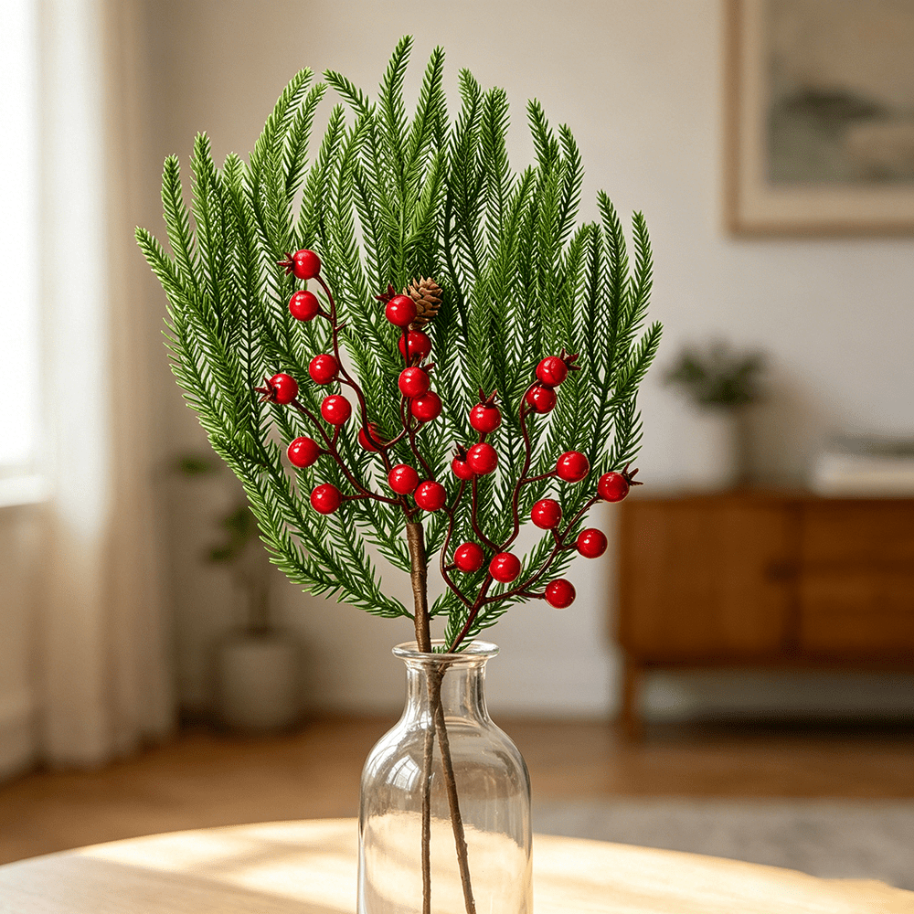 DR.Planzen 12 Pcs 18 inch Artificial Norfolk Pine Branches with Lights - Prelit Christmas Pine Stems with Red Berries, Real Pinecones, 50 Warm White LEDs, Wreath, Garland, Mantel Decor
