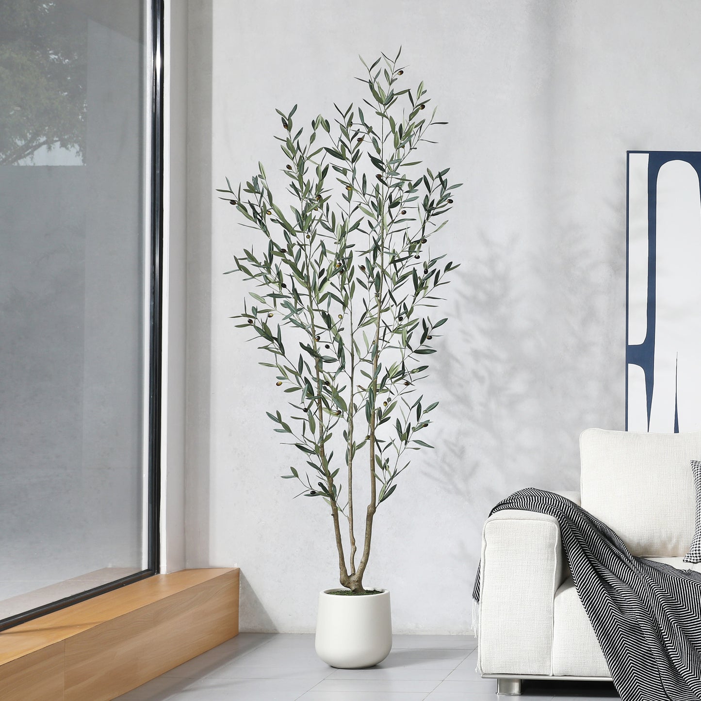 DR.Planzen 7FT Faux Olive Tree with Round White Planter, Pre Potted Fake Greenry Olive Tree for Home Decor