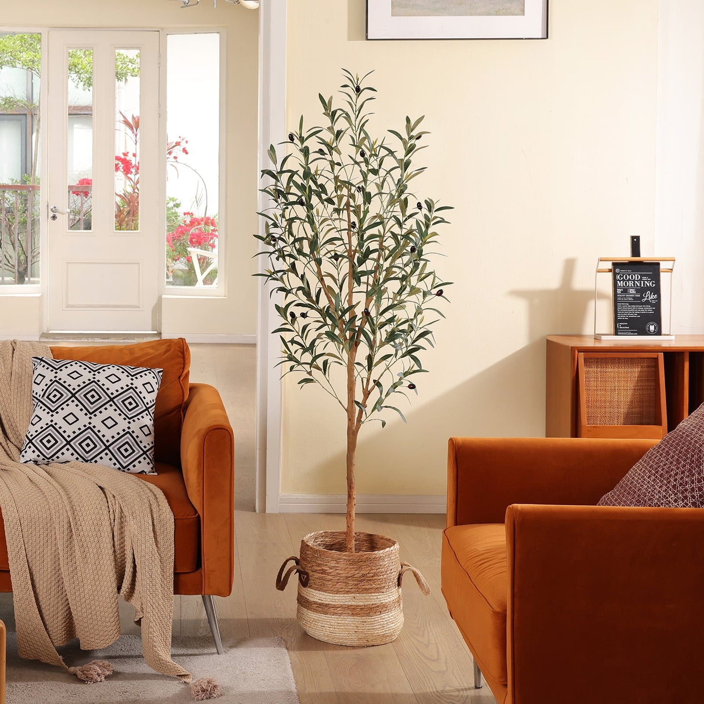 DR.Planzen Exquisite Artificial Olive Tree 5 ft Indoor Outdoor, Tall Faux Olive Tree in Black Plastic Pot, Artificial Plants with Natural Wood Trunk and Lifelike Fruits for Home Office Garden Decor
