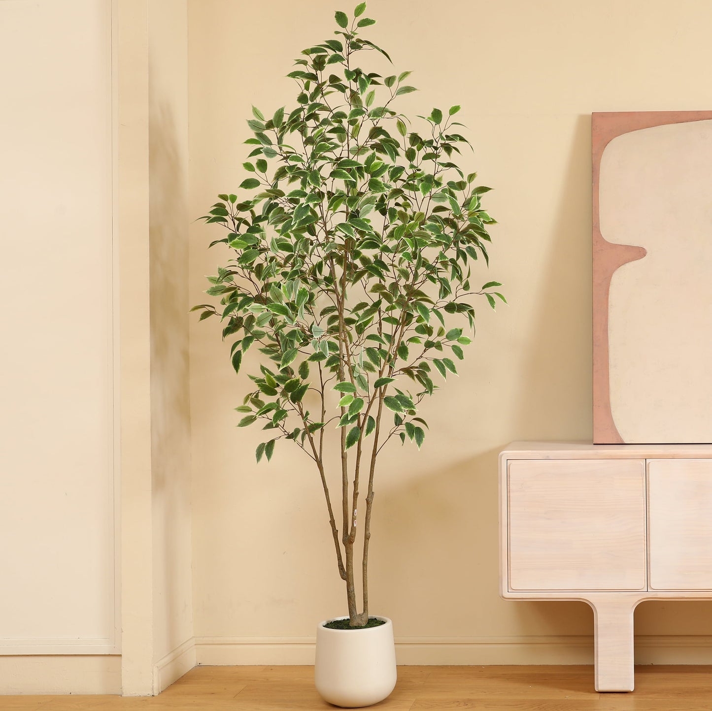 7ft Fake Ficus Tree with Oval White Planter, Pre Potted Faux Greenry Plant for Home Decor Office House Living Room Indoor Outdoor, Big Fake Plants Fake House Plants