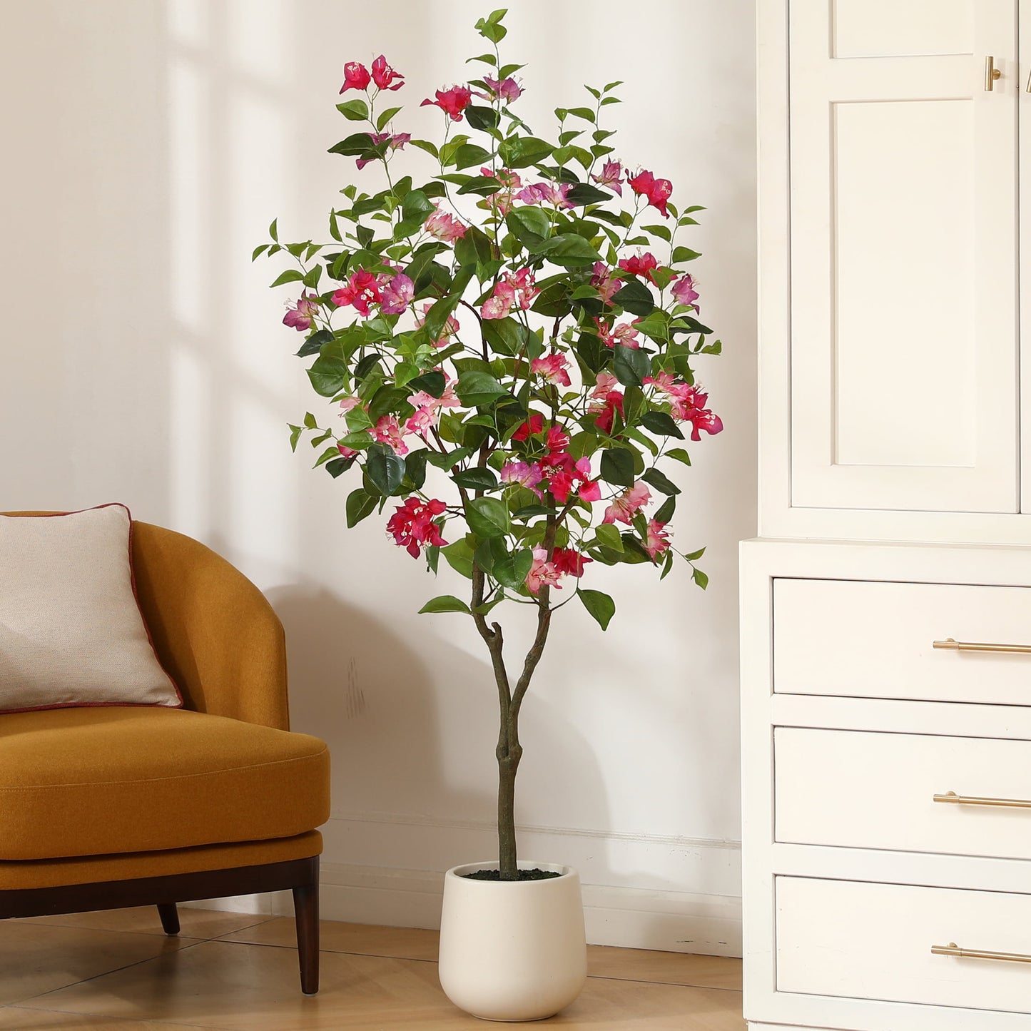 5ft Artificial Bougainvillea Tree with 9 inch White Planter, Tall Fake Bougainvillea Trees with Red Flowers, Faux Bougainvillea Silk Plants for Indoor, Plants for Home Decor