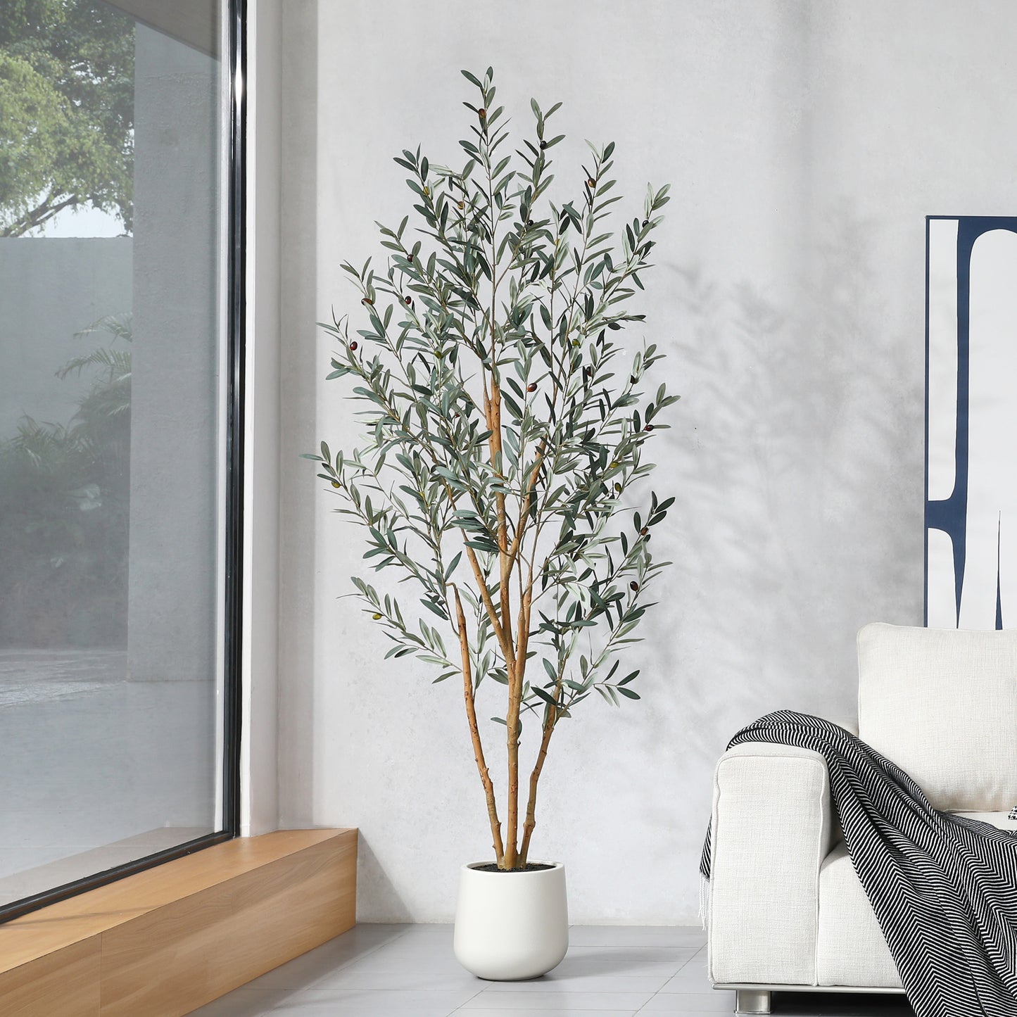 DR.Planzen 7FT Fake Olive Tree with Oval White Planter, Faux Olive Tree with Realistic Leaves and Natural Trunk