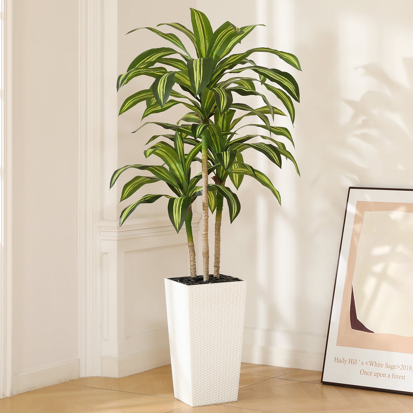6ft UV Resistant Artificial Dracaena Tree with White Tall Planter, Pre Potted Fake Plants for Indoor Outdoor Home Decor, Big Faux Tree Fake Plants for Office House Decor