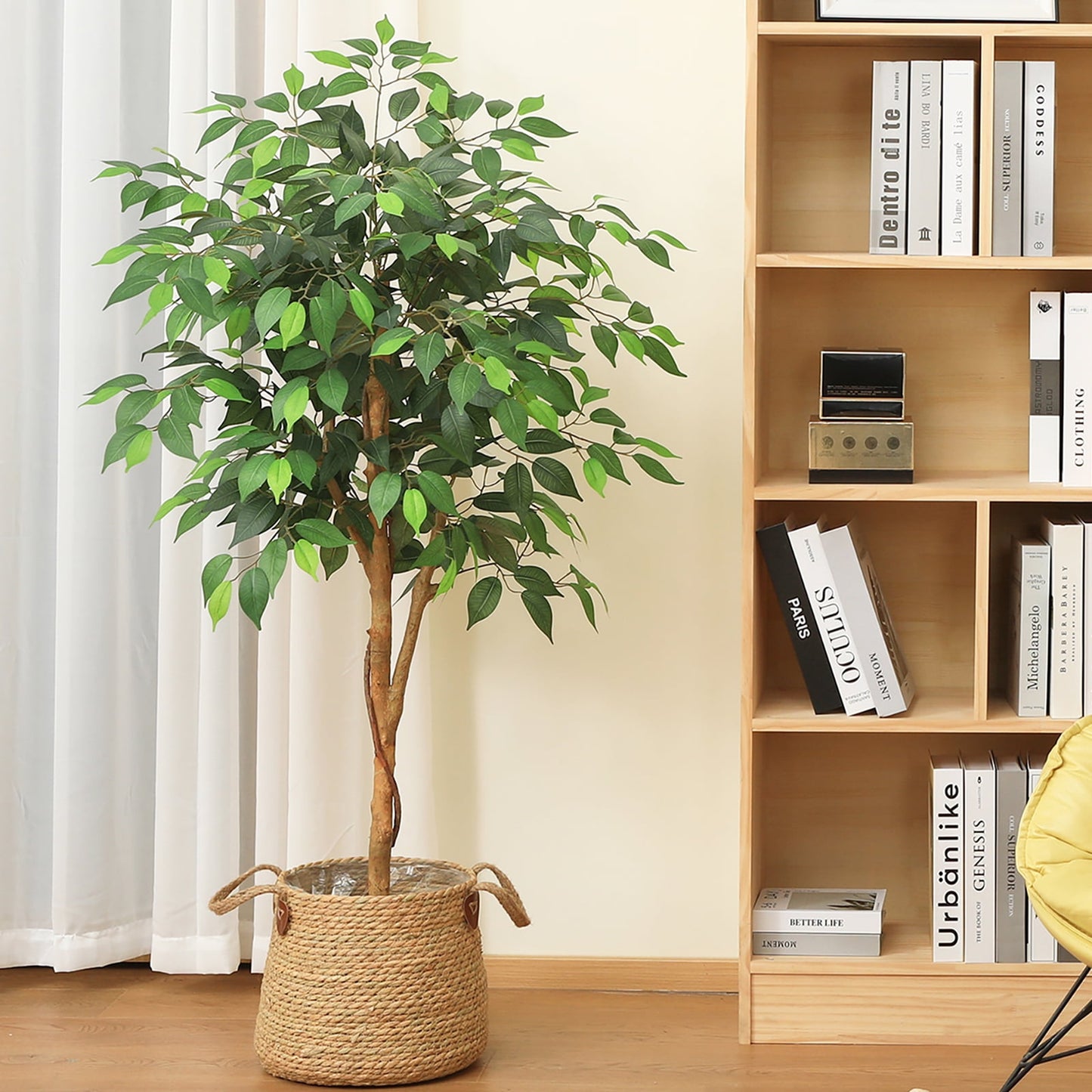 4FT Tall Artificial Ficus Tree with Natural Wood Trunk and Lifelike Leaves, Artificial Greenery for Indoor Outdoor Living Room Home Decor, DR.Planzen, 8 lb