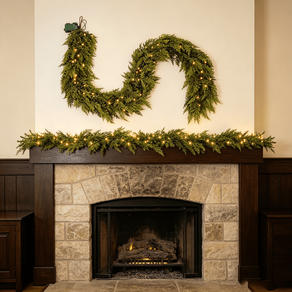 DR.Planzen 2 Pack 6FT Artificial Norfolk Pine Garland with LED Lights, 1200 PE Tips Prelit Christmas Garland, Lighted Artificial Pine Garland - 100 Warm White LEDs for Mantel Fireplace Table