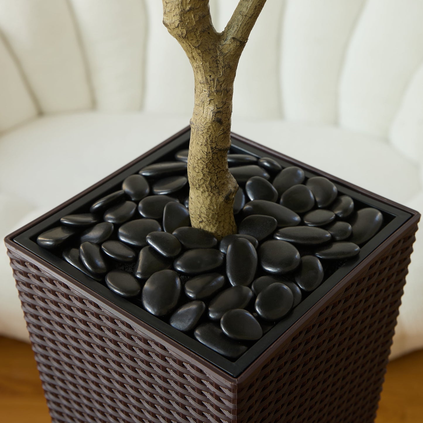 DR.Planzen Artificial Ficus Tree 5ft - UV Protected Faux Ficus Plant with Adjustable Branches and Realistic Green Leaves for Indoor & Outdoor Decor, Brown Large Planter with River Rocks