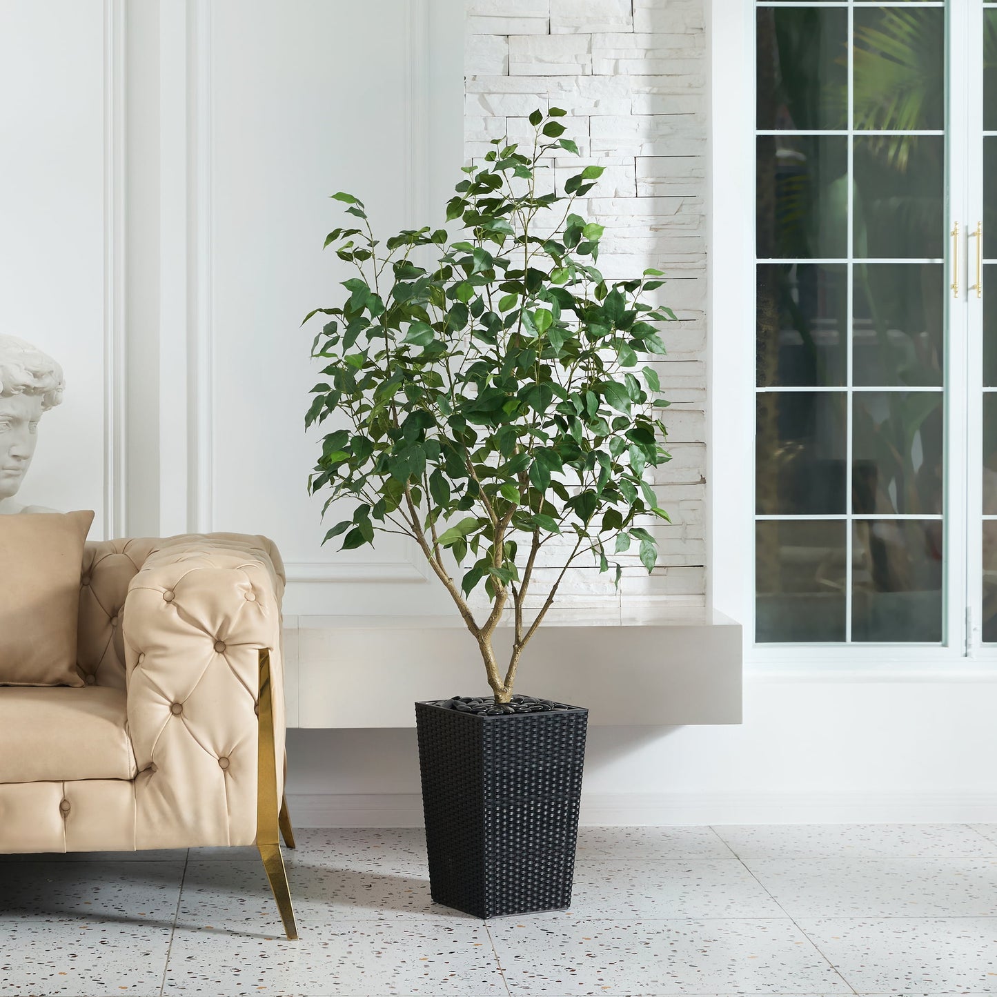 DR.Planzen Artificial Ficus Tree 5ft - UV Protected Faux Ficus Plant with Adjustable Branches and Realistic Green Leaves for Indoor & Outdoor Decor, Black Large Planter with River Rocks