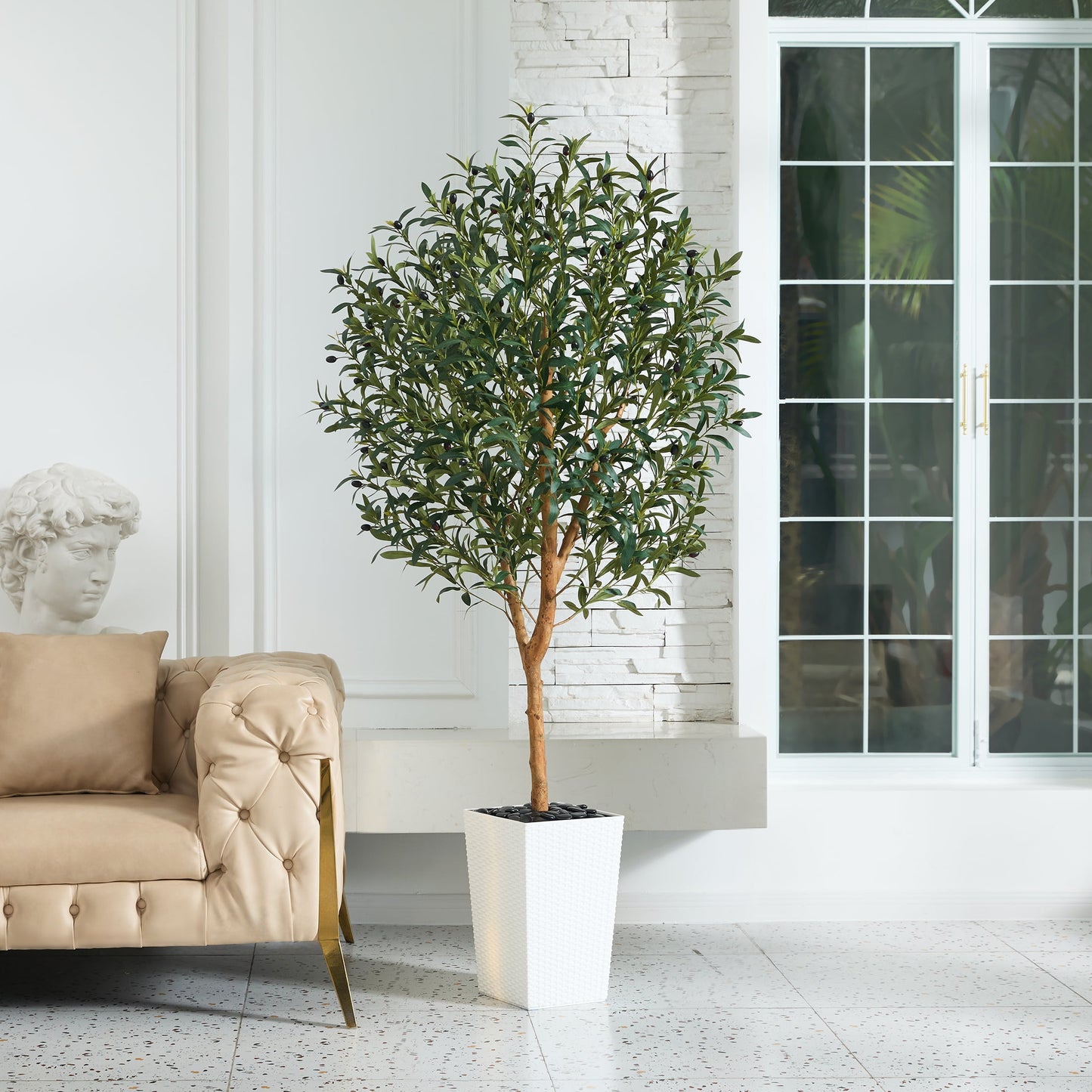DR.Planzen UV Resistant 6ft Artificial Olive Tree with Natural Wood Branches and Realistic Silk Leaves,Faux Olive Tree for Indoor and Outdoor Decor - White Large Planter with Pebbles