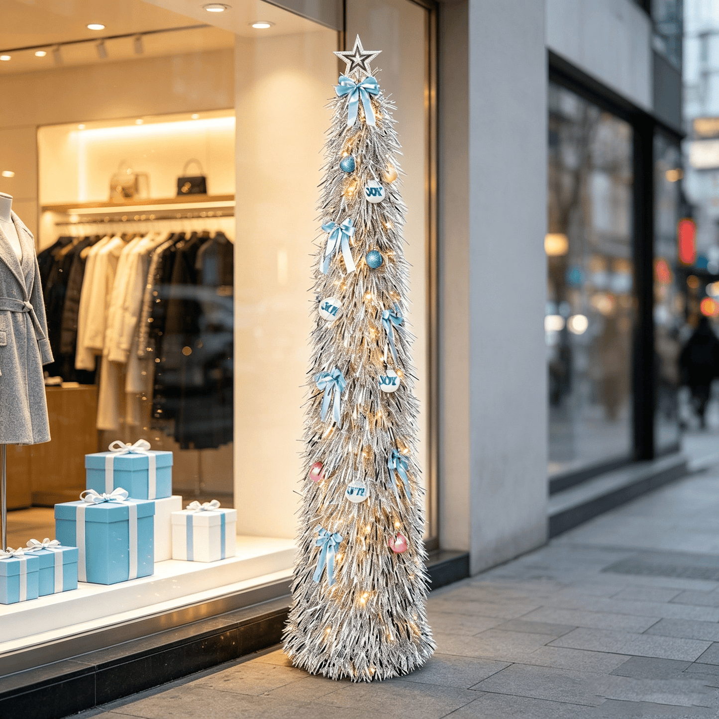 DR.Planzen 5ft Pop Up Christmas Tinsel Tree, Pre Lit Slim Christmas Tree, Silver LED Pencil Tree with 50 Warm White Lights, Star Topper & Ornaments Set, Collapsible Holiday Decor