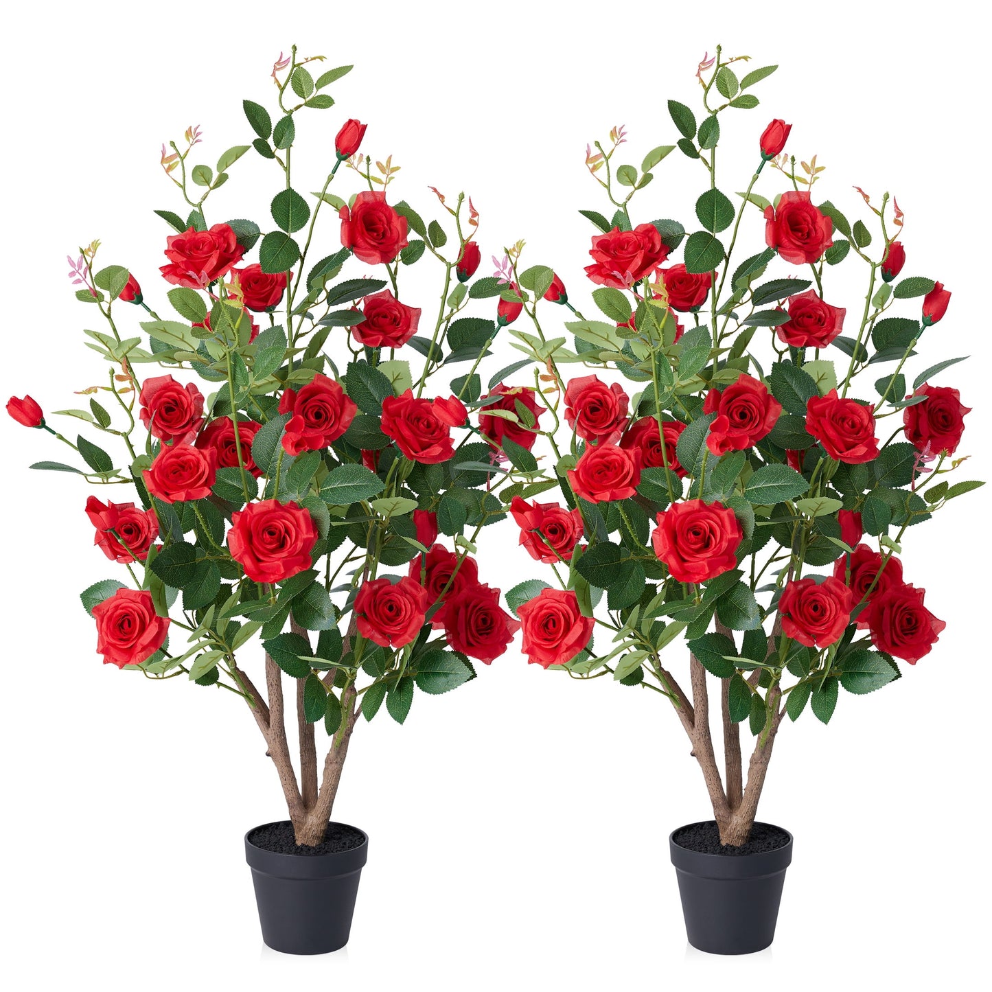 DR.Planzen 3ft Artificial Red Rose Tree with Green Leaves, Lifelike Faux Rose Flower Tree for Home Decor Indoor Outdoor, Living Room Office Decoration