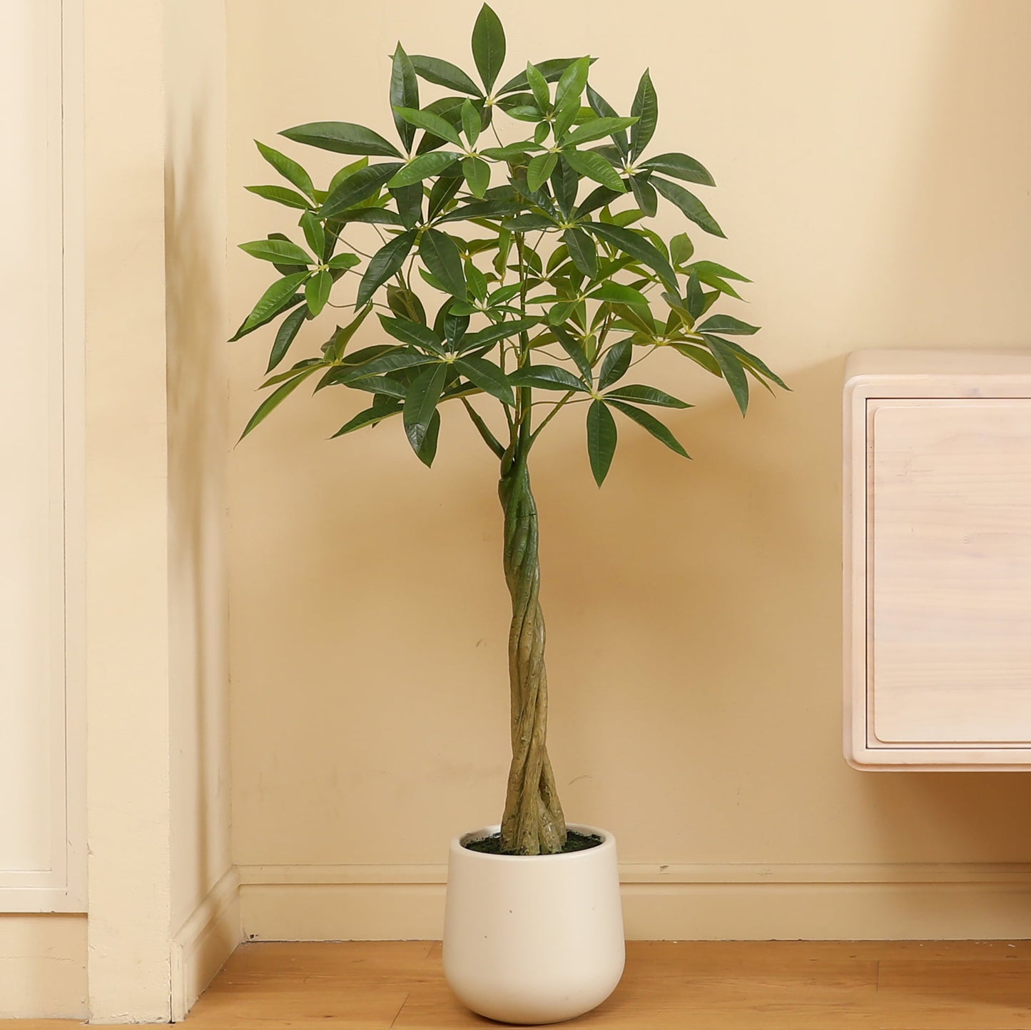 4ft Fake Ficus Tree with Oval White Planter, Pre Potted Faux Money Tree for Home Decor Office House Living Room Indoor Outdoor, Big Fake Plants Fake House Plants