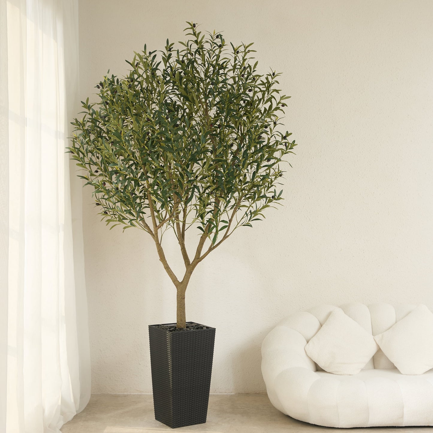 DR.Planzen UV Resistant 8ft Artificial Olive Tree in Black Large Planter with Pebbles¨C Faux Olive Tree for Indoor and Outdoor Decor, Lifelike Greenery for Home & Garden Decor