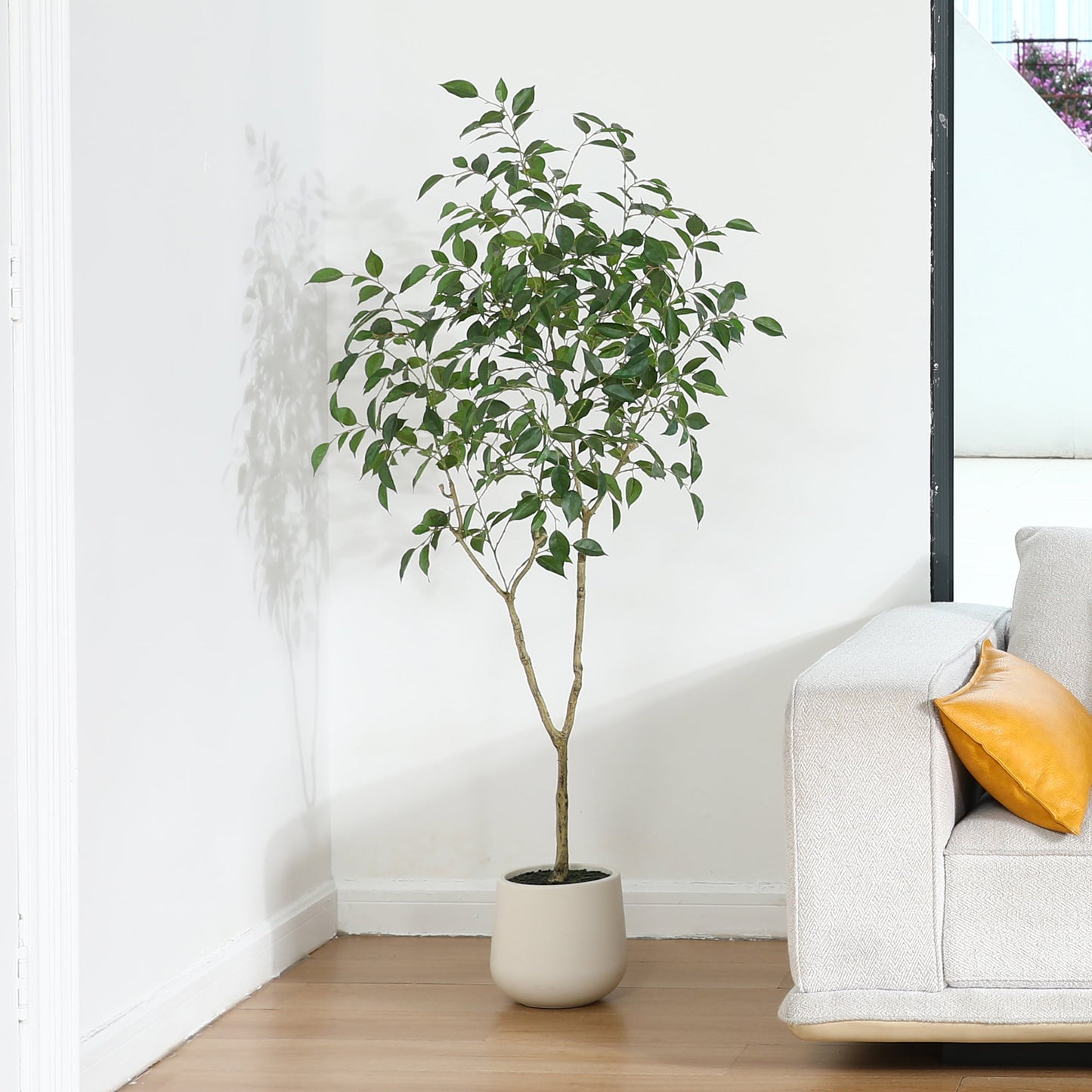 5ft Fake Ficus Tree with Oval White Planter, Pre Potted Faux Greenry Plant for Home Decor Office House Living Room Indoor Outdoor, Big Fake Plants Fake House Plants