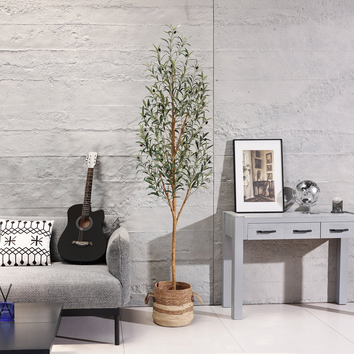 DR.Planzen Exquisite Artificial Olive Tree 7 ft Indoor Outdoor, Tall Faux Olive Tree in Black Plastic Pot, Artificial Plants with Natural Wood Trunk and Lifelike Fruits for Home Office Garden Decor