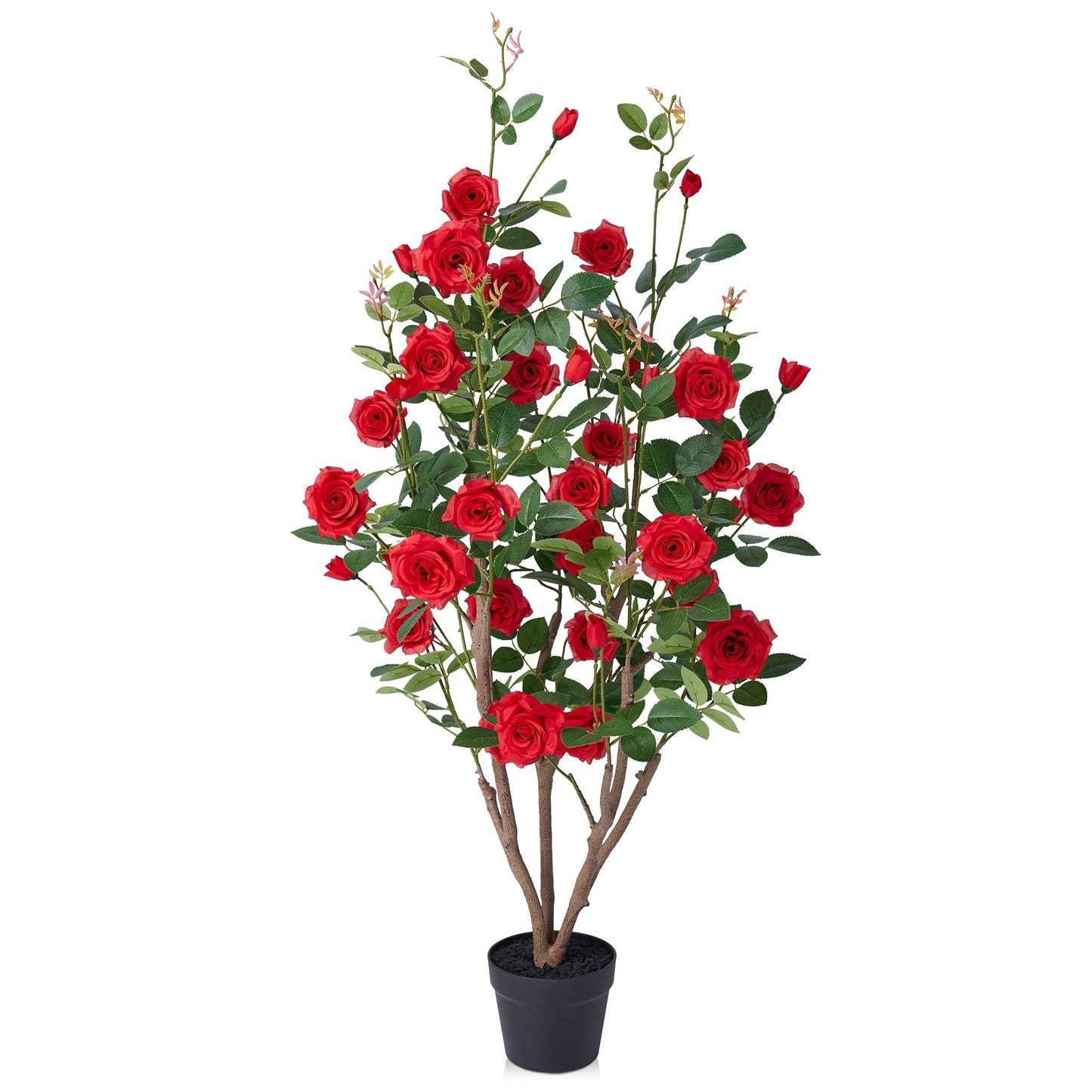 DR.Planzen 2 Pack 4ft Artificial Red Rose Tree with Green Leaves, Lifelike Faux Rose Flower Tree for Home Decor Indoor Outdoor, Living Room Office Decoration