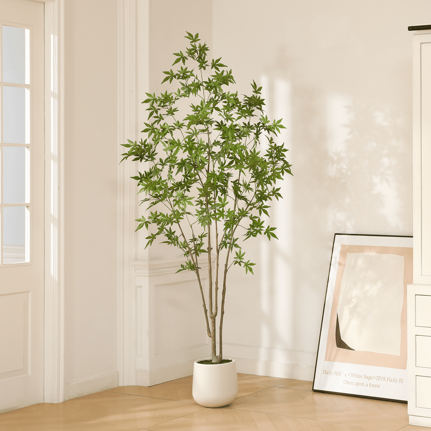 7ft Large White Round Basin Maple Leaf Tree, Artificial Tree for Indoor Decor